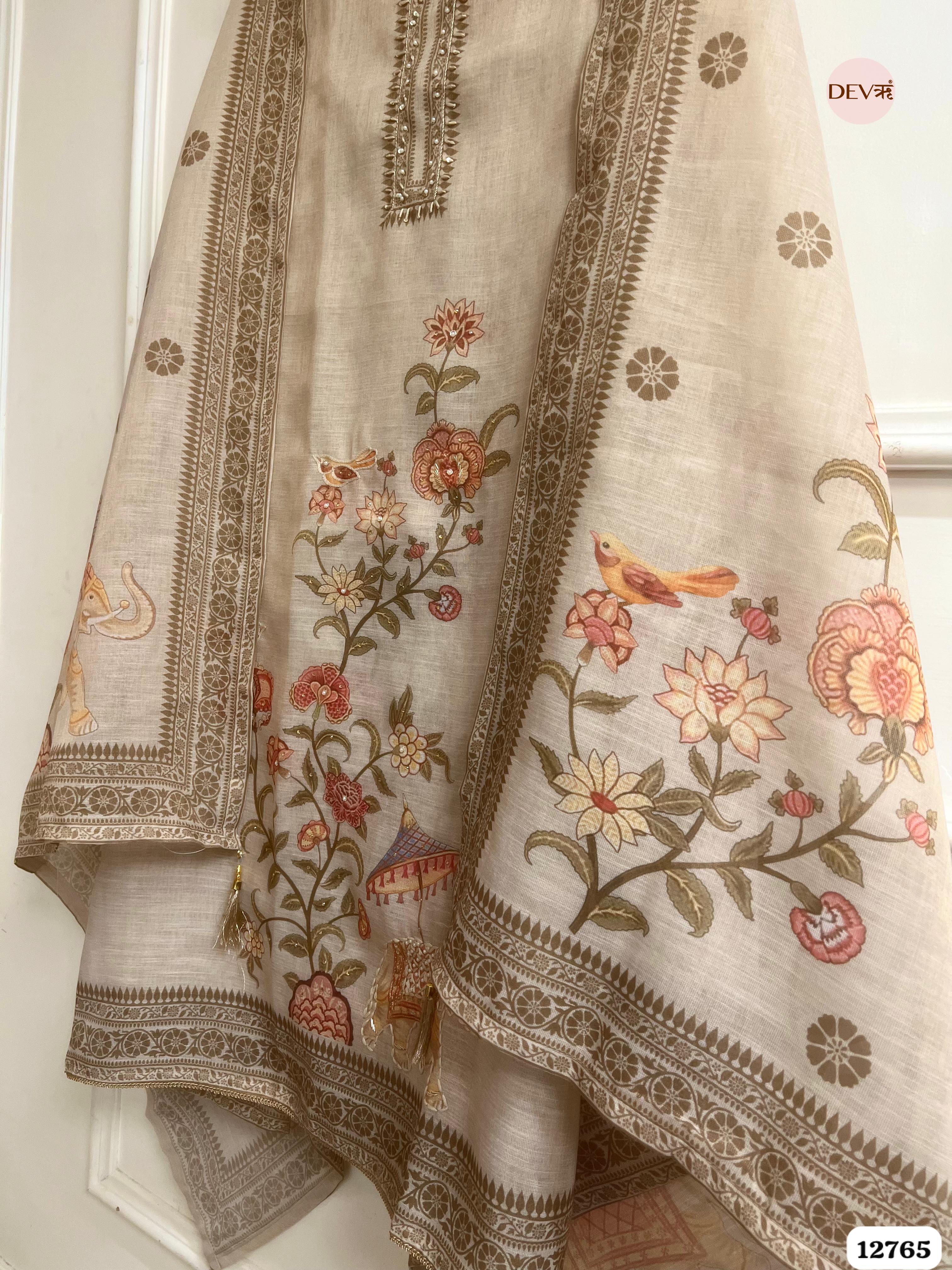 Beige Linen Cotton Embroidered Unstitched 3-Piece Suit (Devri – D.No 12765)