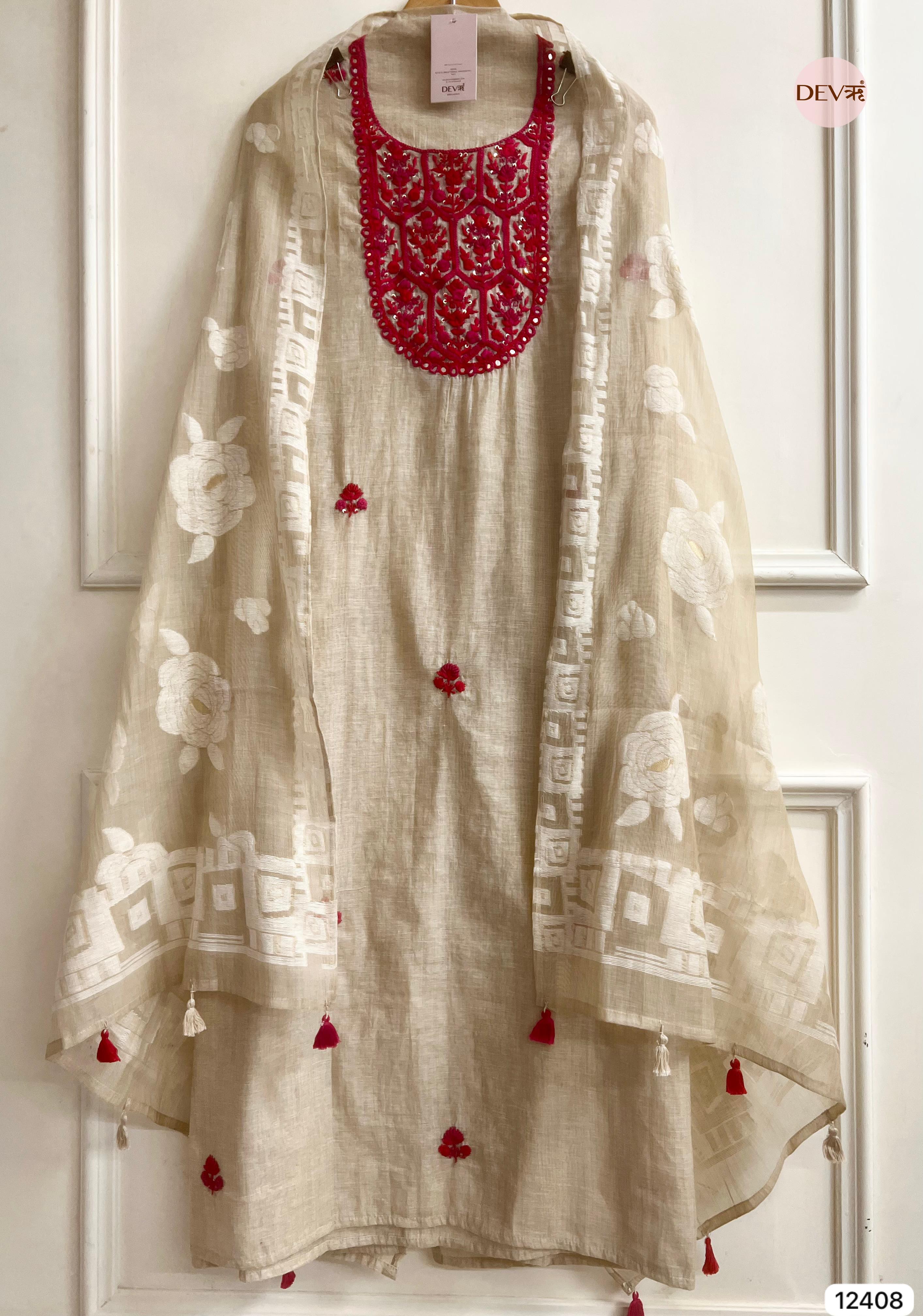 Beige Mul Chanderi Embroidered Unstitched 3-Piece Suit (Devri – D.No 12408)