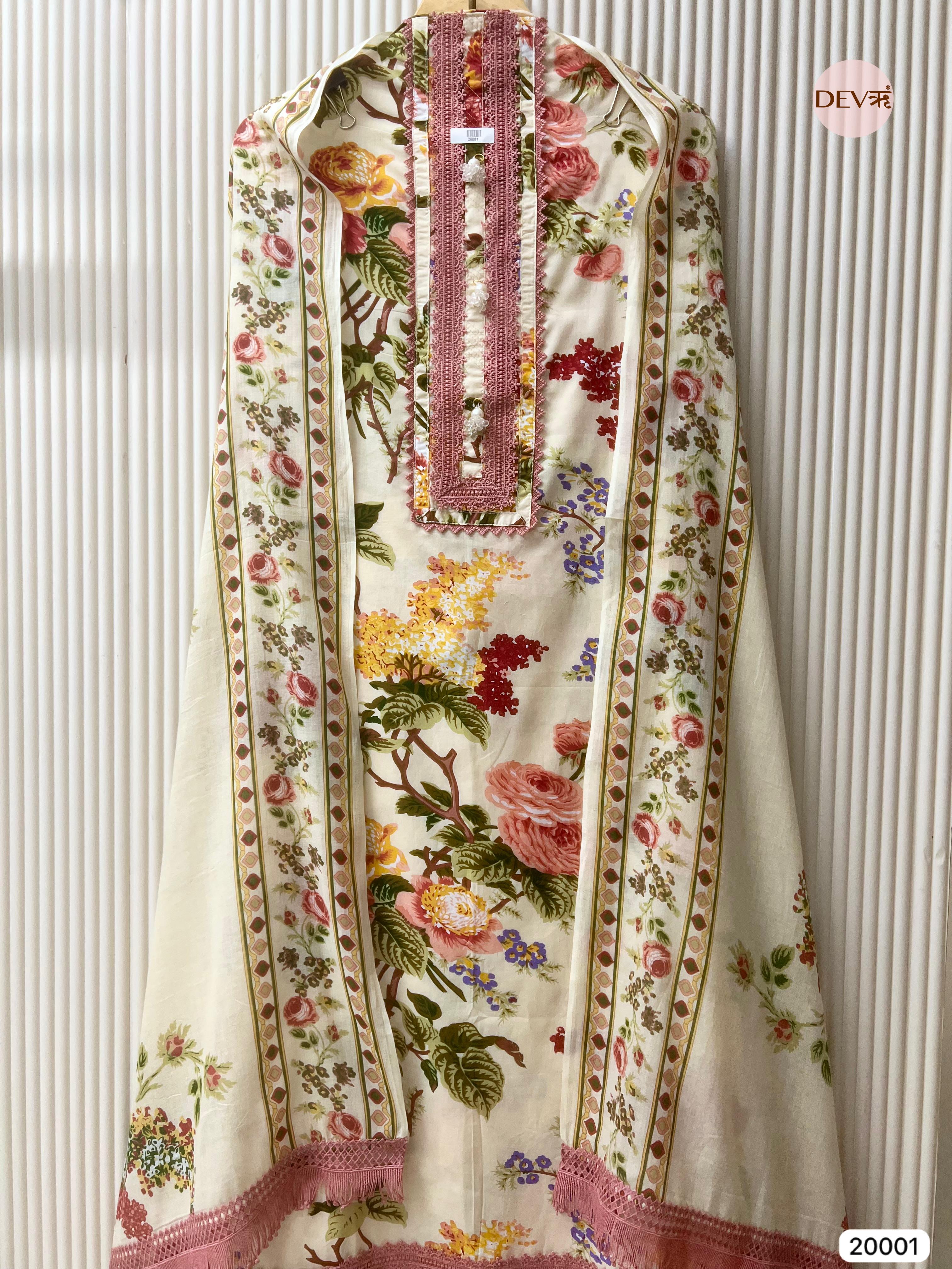Ivory Pure Cotton Printed Unstitched 3-Piece Suit (Devri – Dno. 20001)