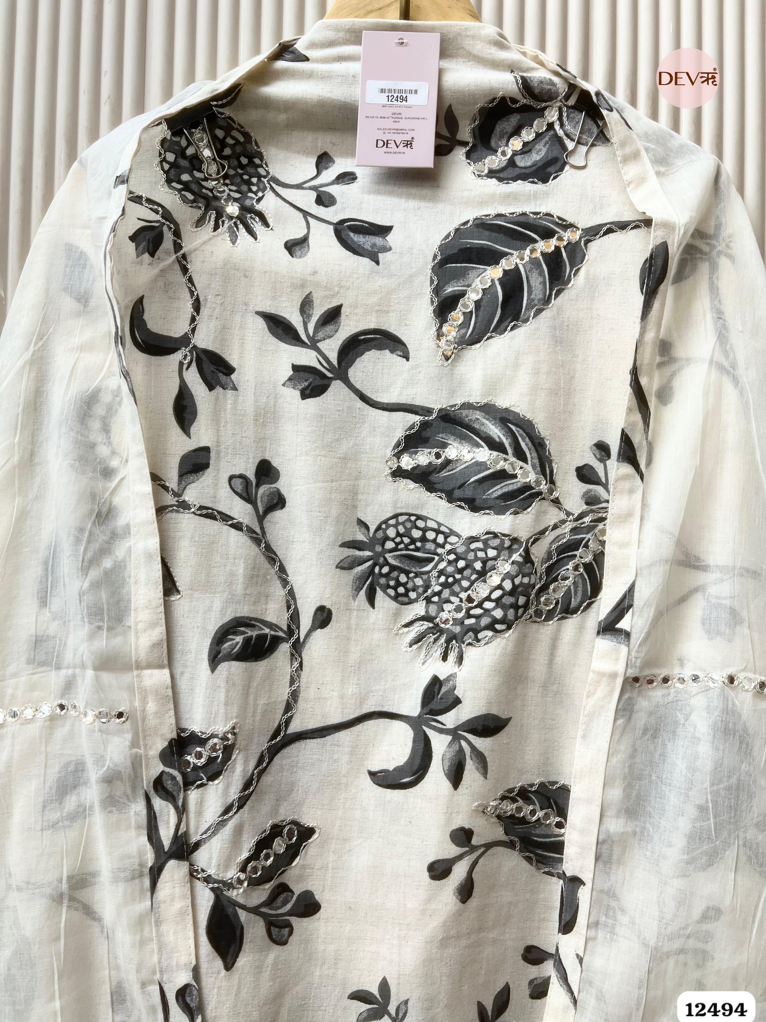 Ivory & Charcoal Pure Cotton Printed Unstitched 3-Piece Suit (Devri – D.No 12494)