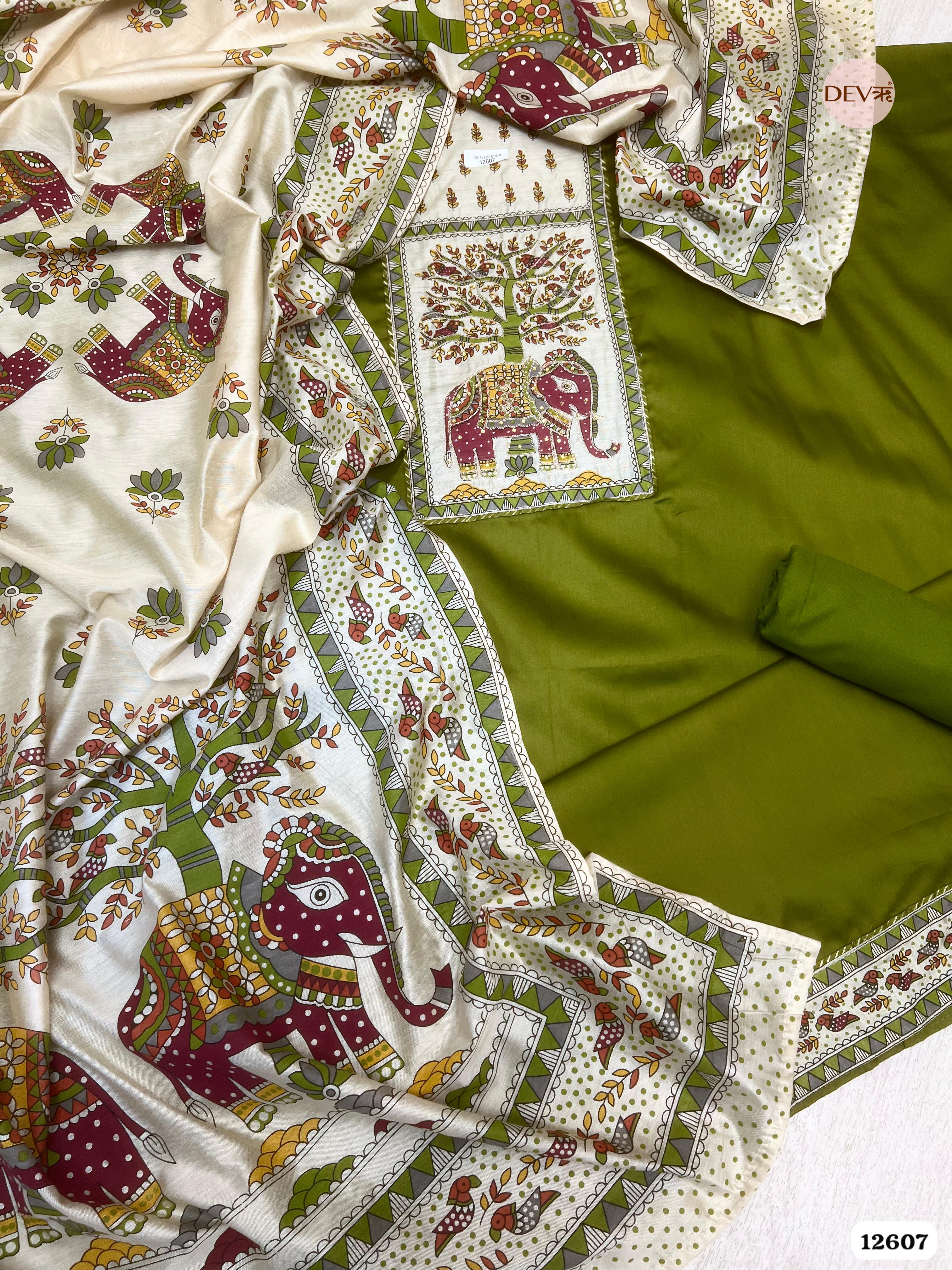 Olive Green Cotton Embroidered Unstitched 3-Piece Suit (Devri – D.No 12607)