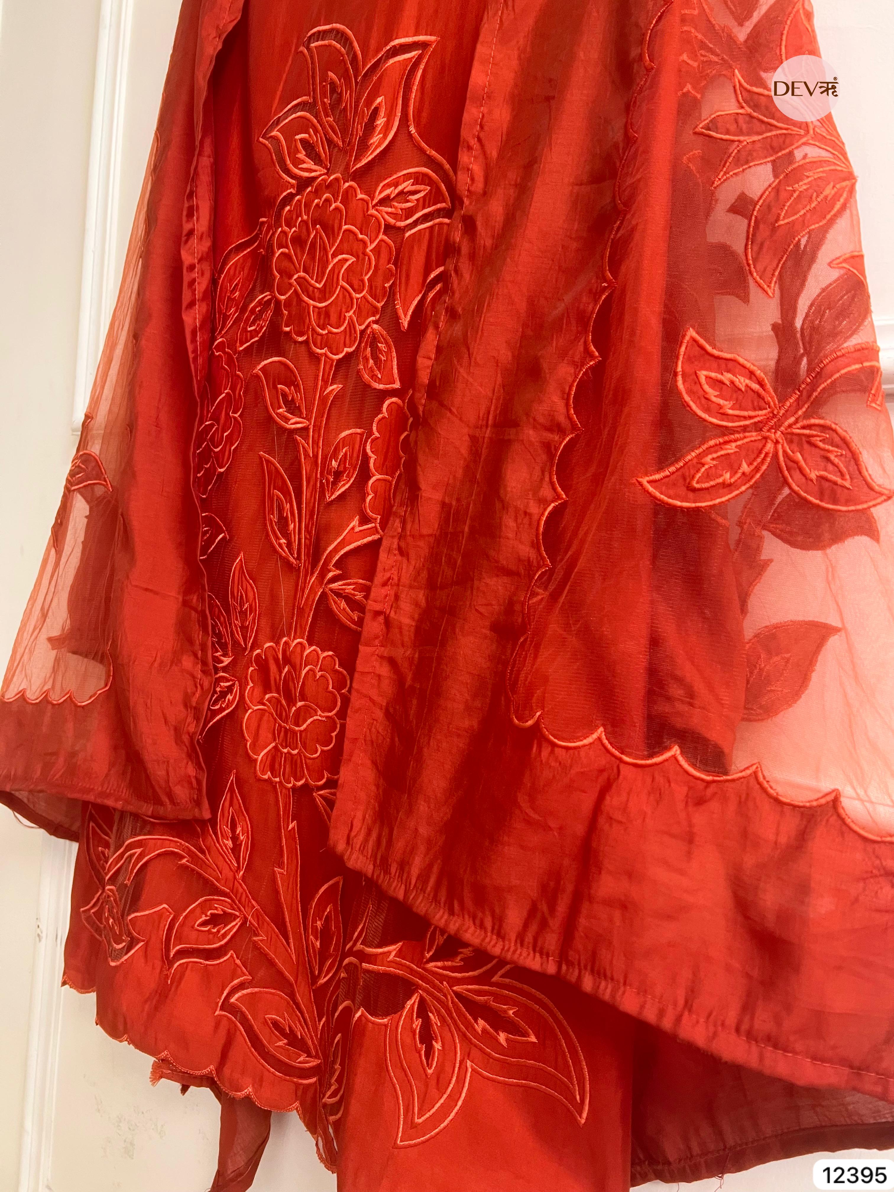Rust Modal Silk Embroidered Unstitched 3-Piece Suit (Devri – D.No 12395)