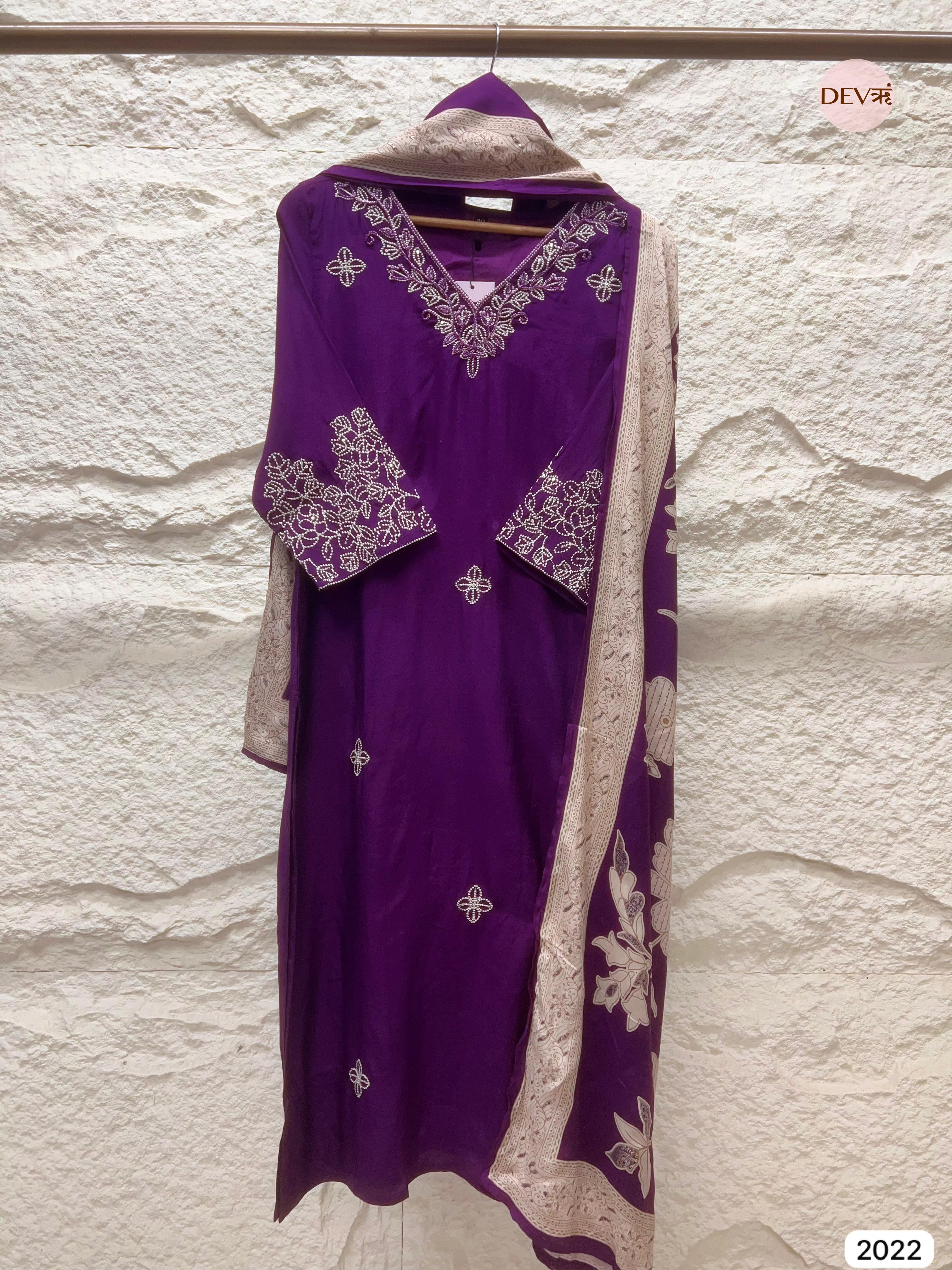 Purple Embroidered Muslin 3-Piece Set - {2022}