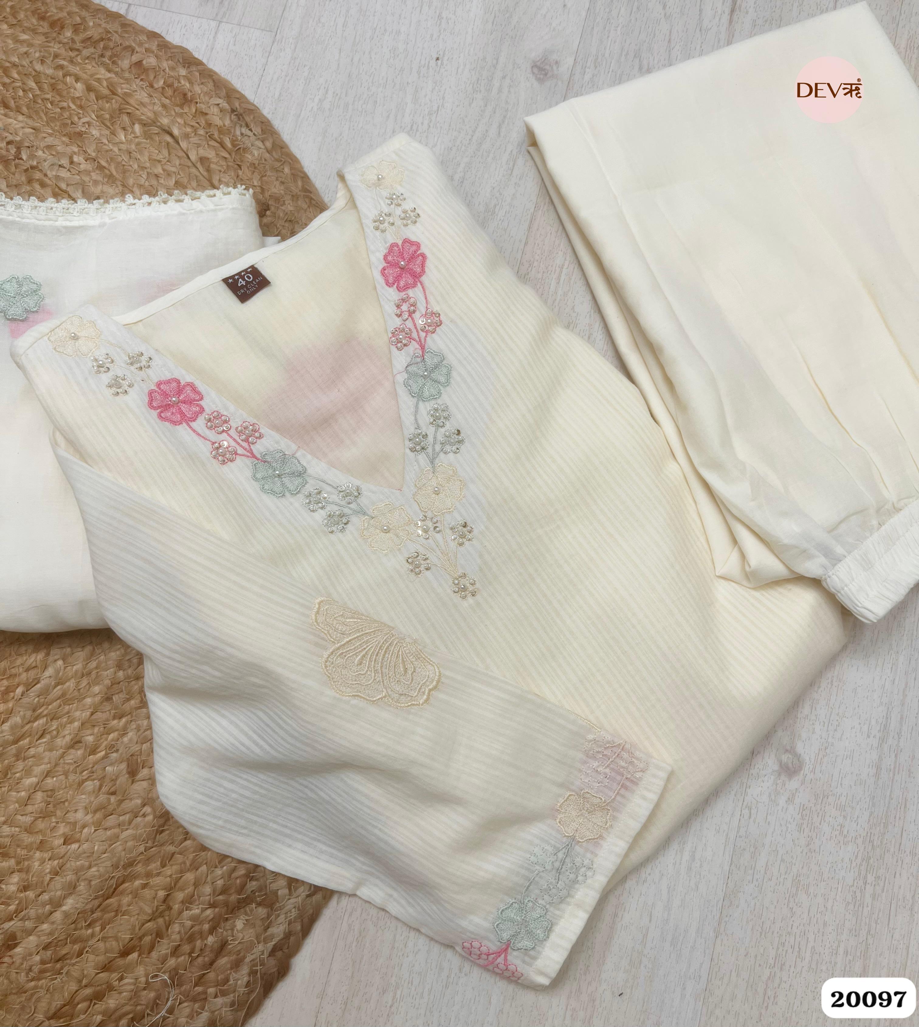 Kaveri Pure Cotton Embroidered Ivory 3-Piece Set (Devri – D.No 20097)