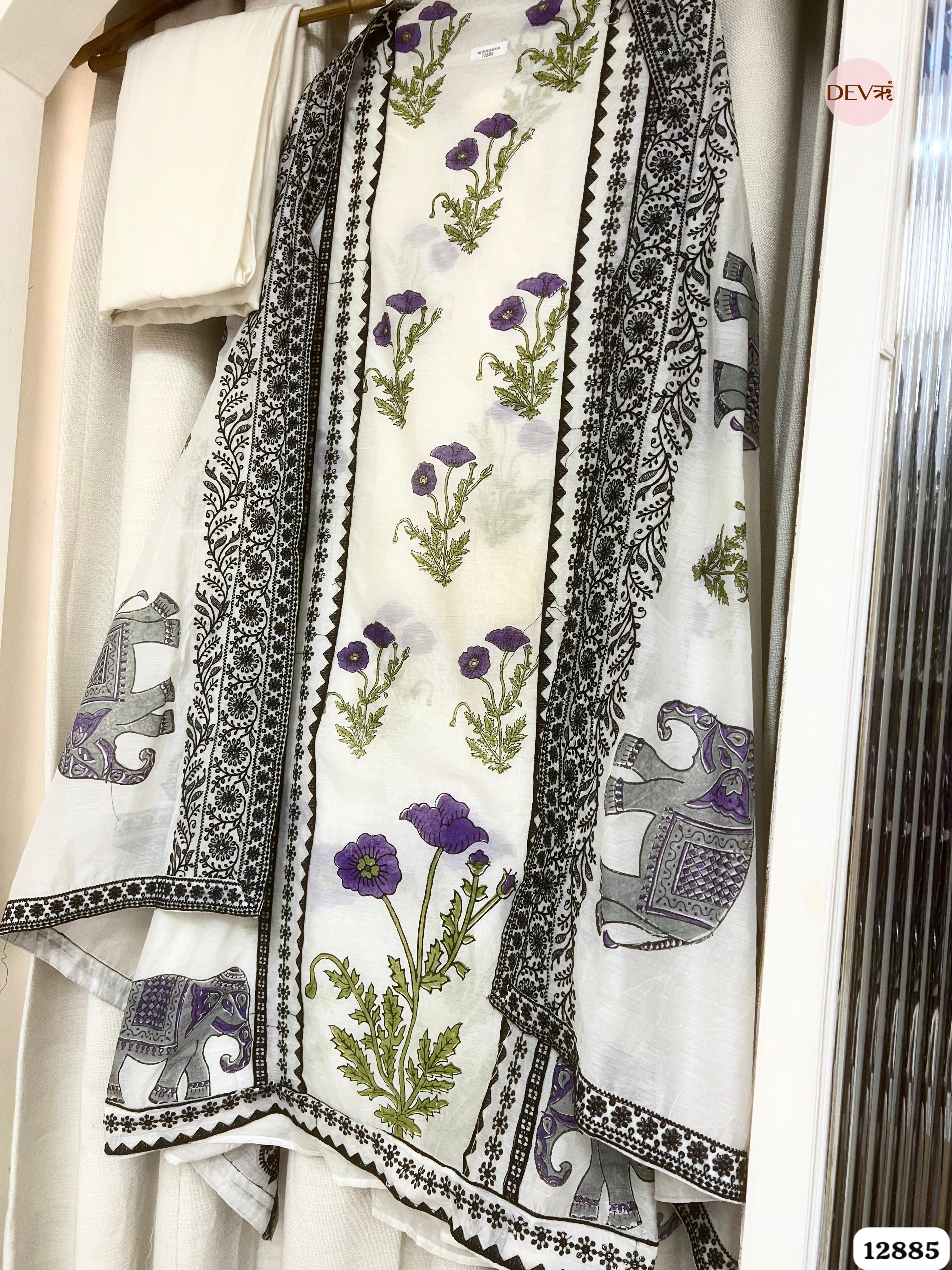 White Mul Chanderi Printed Unstitched 3-Piece Suit (Devri – D.No 12885)