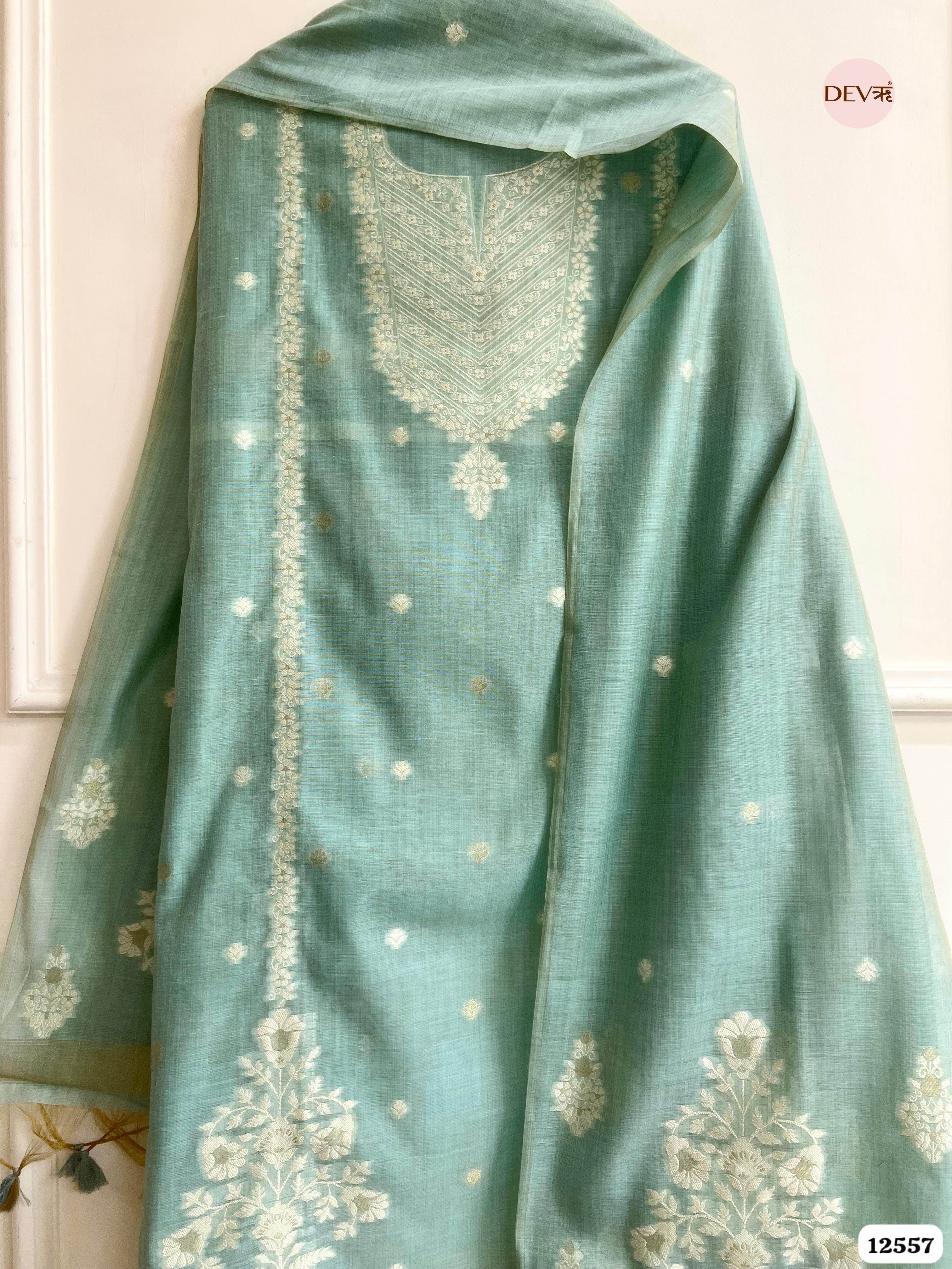 Sea Green Jamdani Embroidered Unstitched 3-Piece Suit (Devri – D.No 12557)
