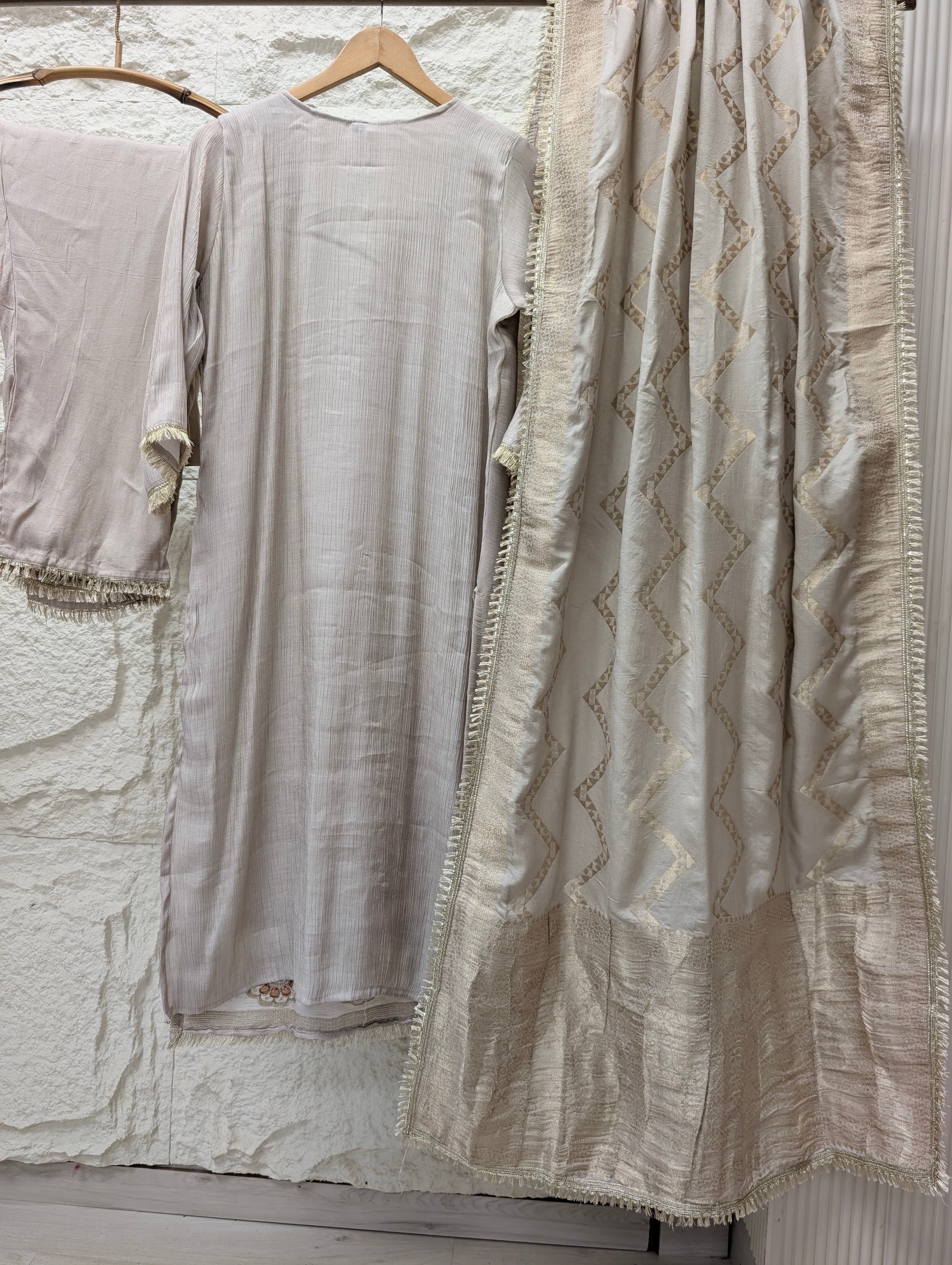 Gulnaar Tissue silk blend Embroidered Beige 3-Piece Set (Devri – D.No 13707)