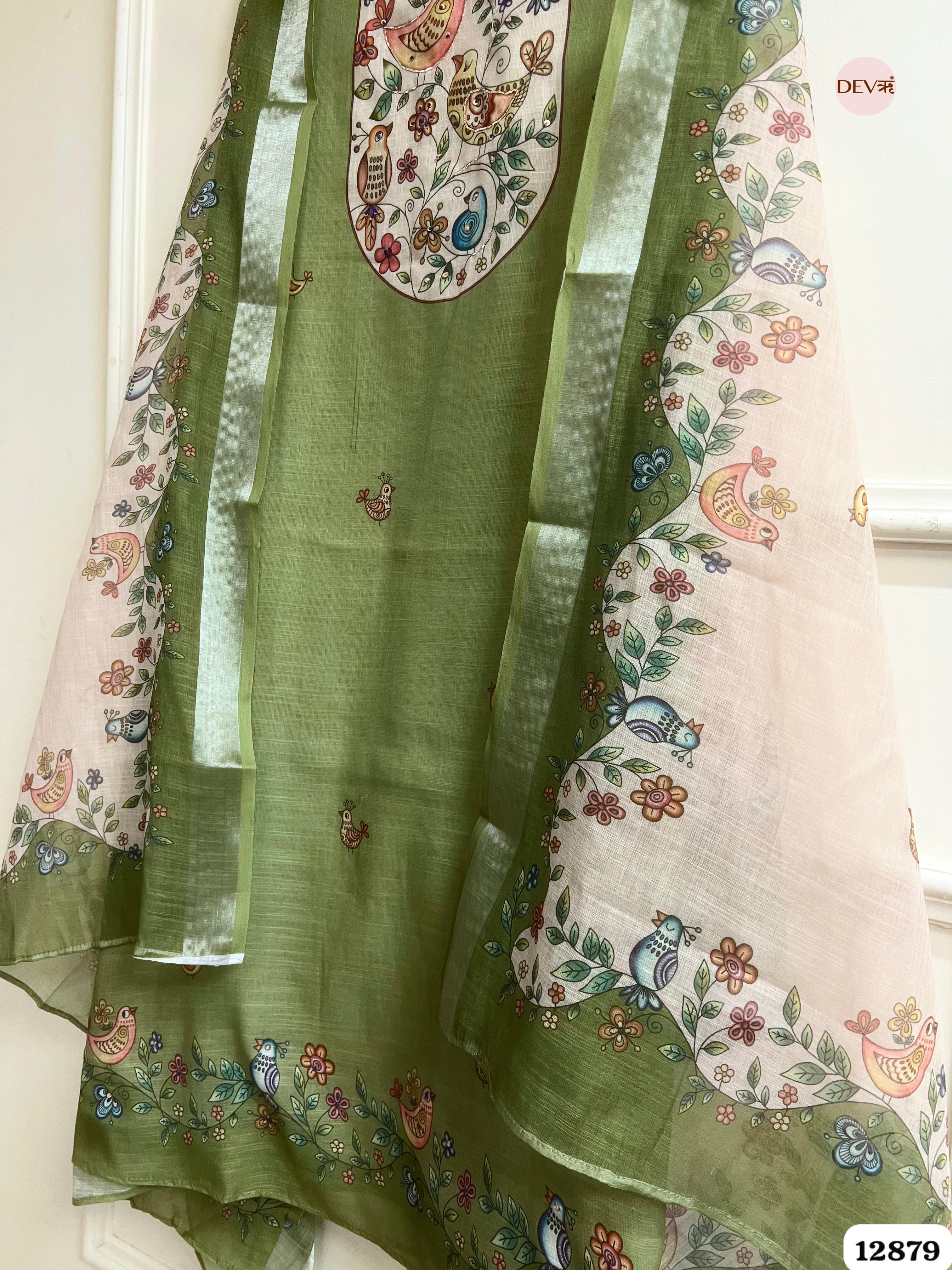 Olive Green Linen Cotton Printed Unstitched 3-Piece Suit (Devri – D.No 12879)