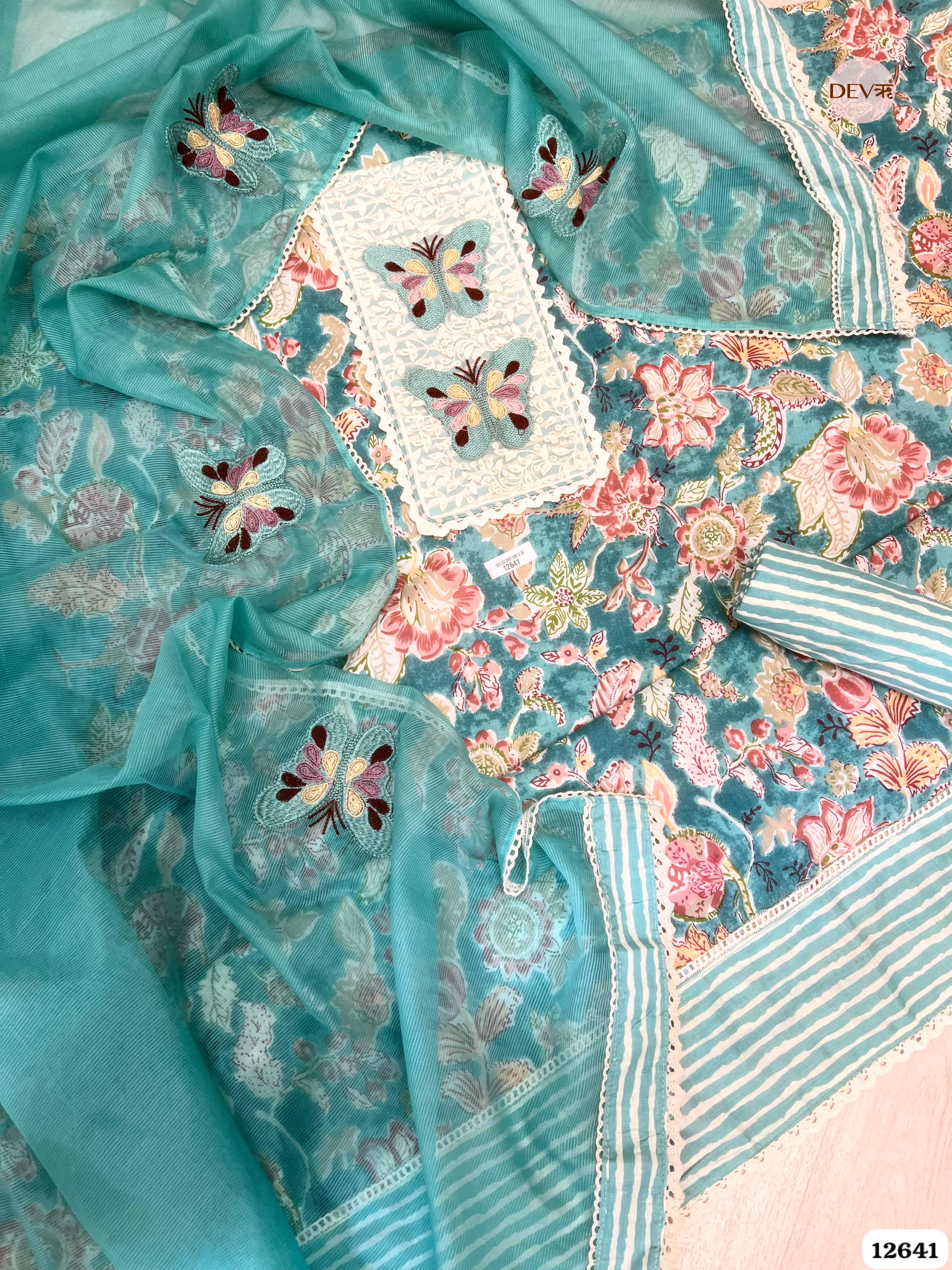 Teal Blue Floral Cotton Unstitched 3-Piece Suit with Net Dupatta (Devri – D.No 12641)