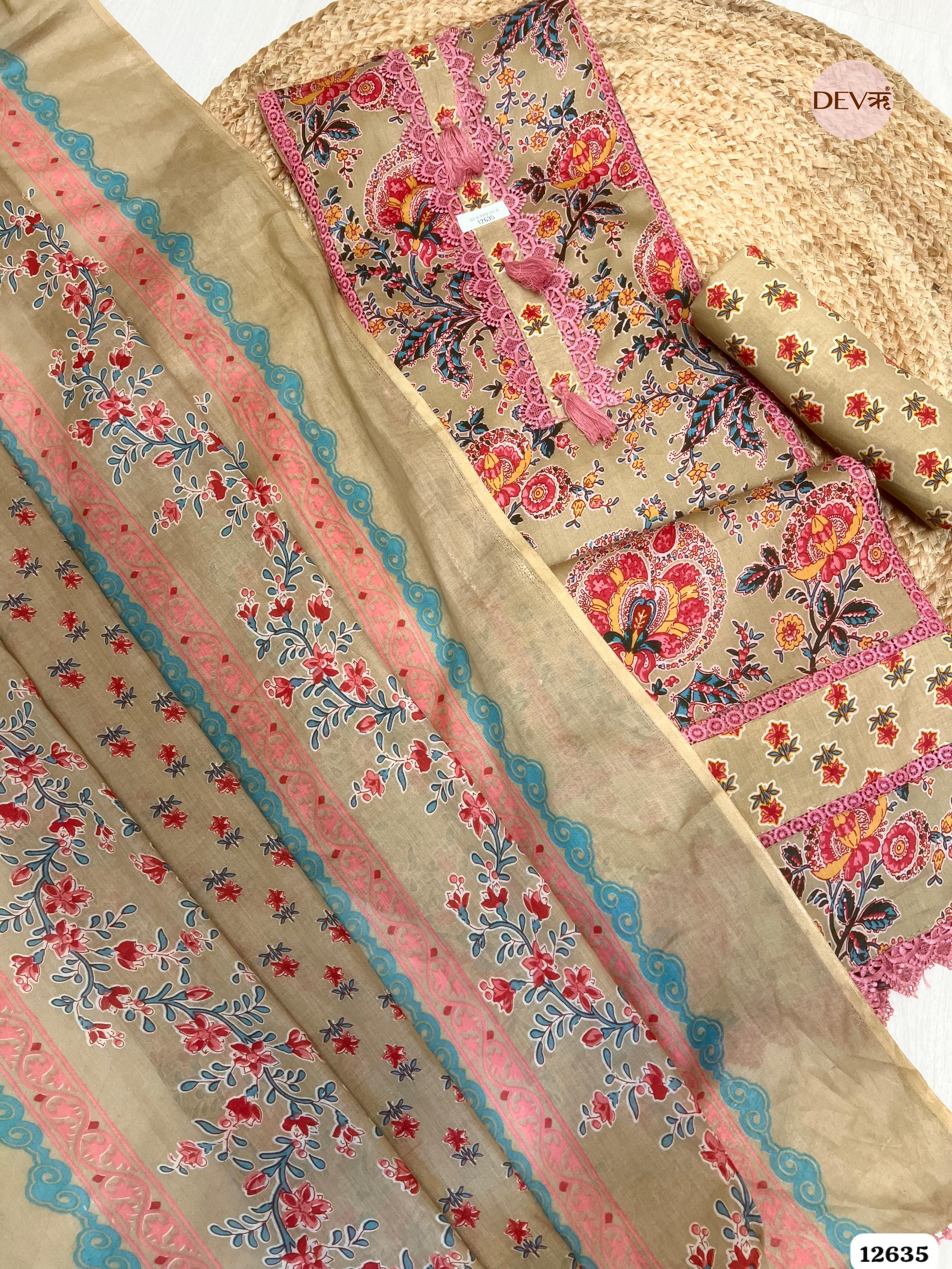 Beige Cotton Floral Printed Unstitched 3-Piece Suit (Devri – D.No 12635)