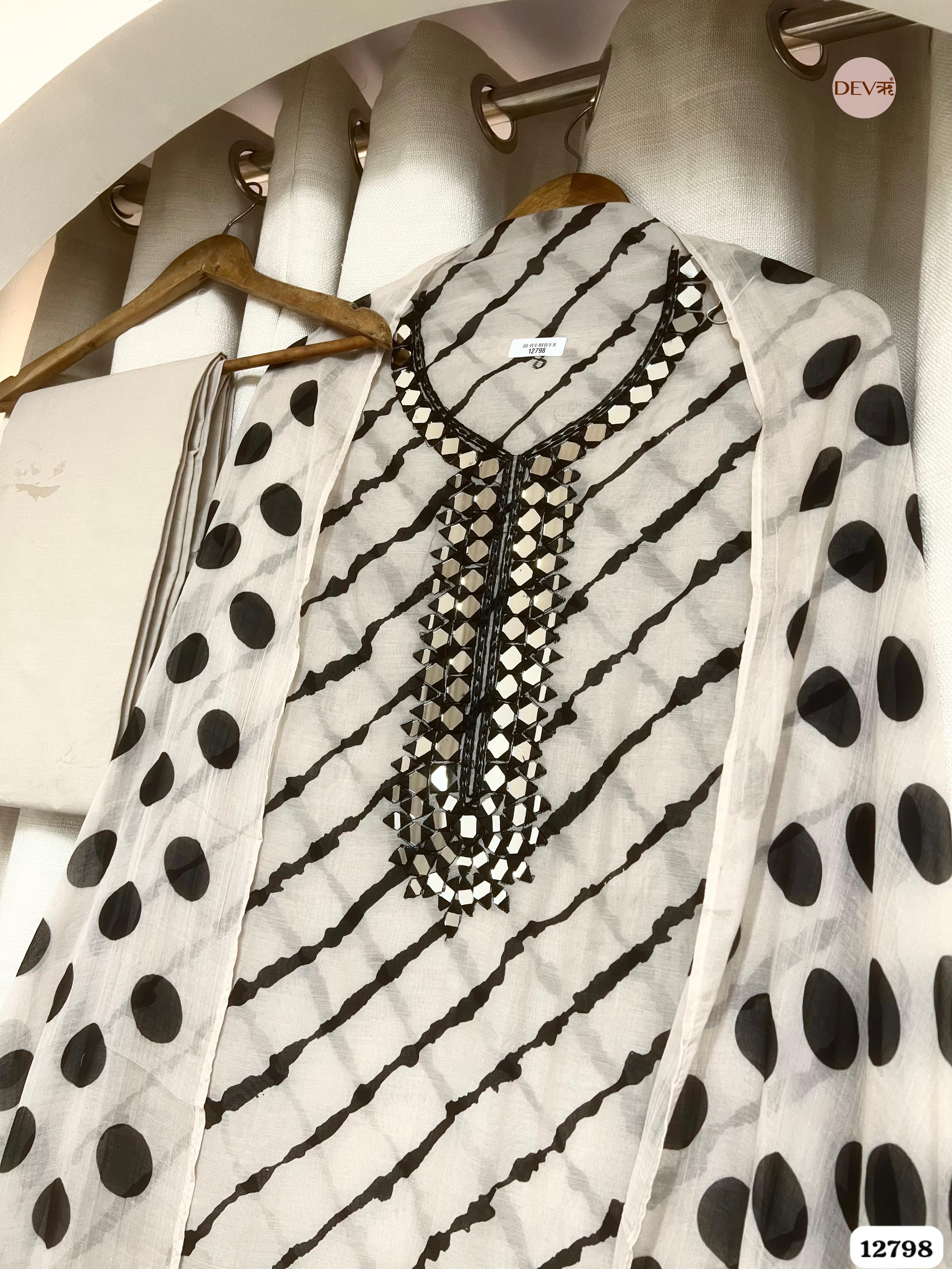 White Mul Chanderi Printed Unstitched 3-Piece Suit (Devri – D.No 12798)