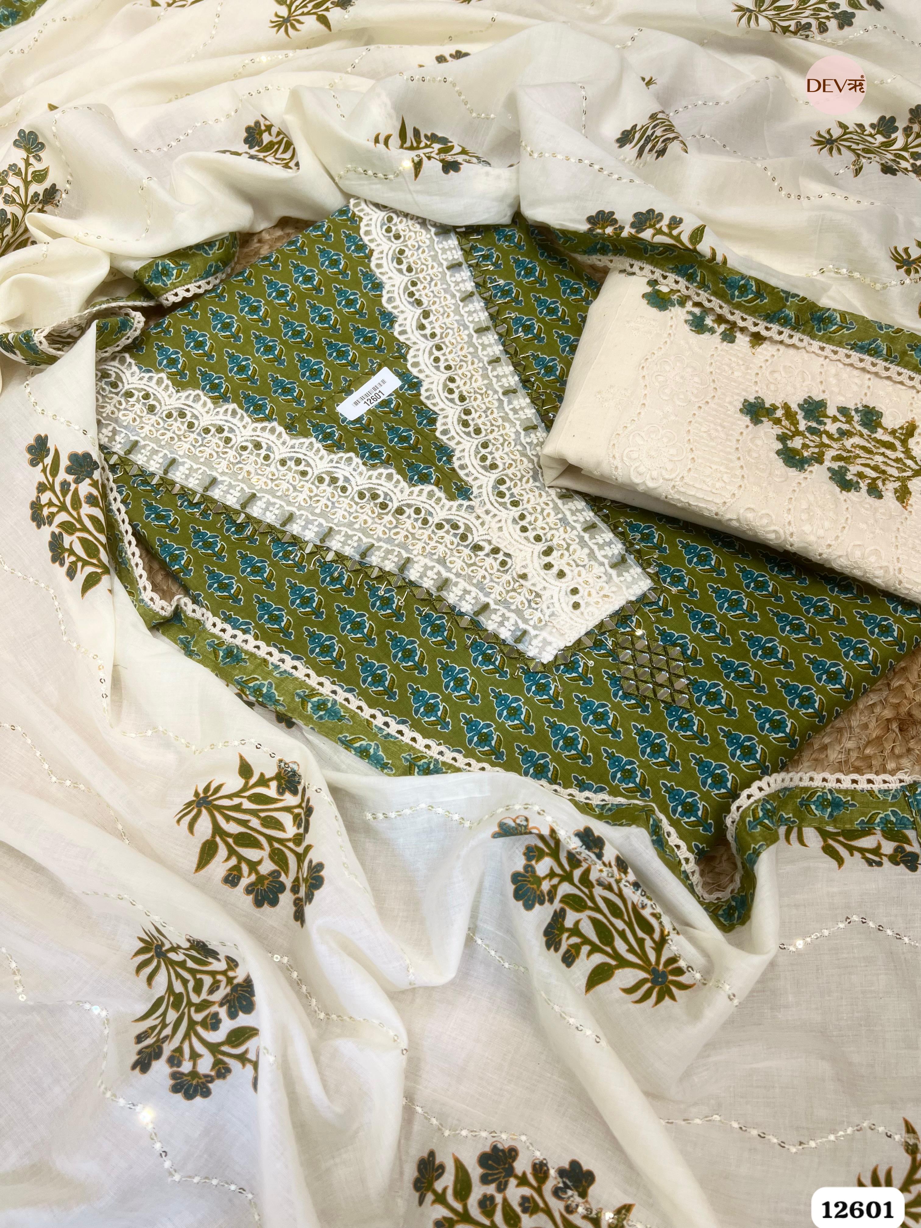 Olive Green Cotton Printed Unstitched 3-Piece Suit (Devri – D.No 12601)