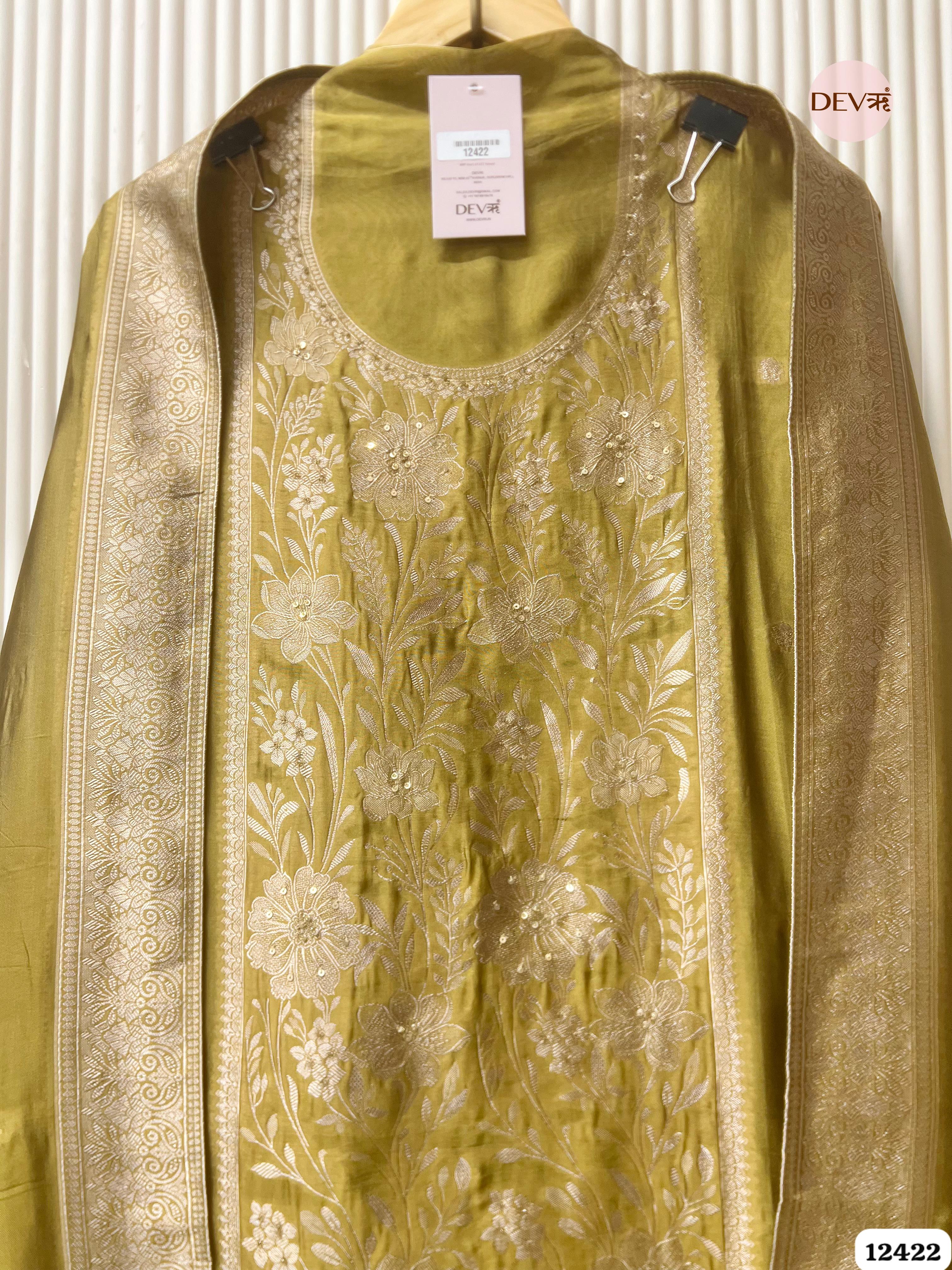 Olive Banarasi Silk Embroidered Unstitched 3-Piece Suit (Devri – D.No.12422 )
