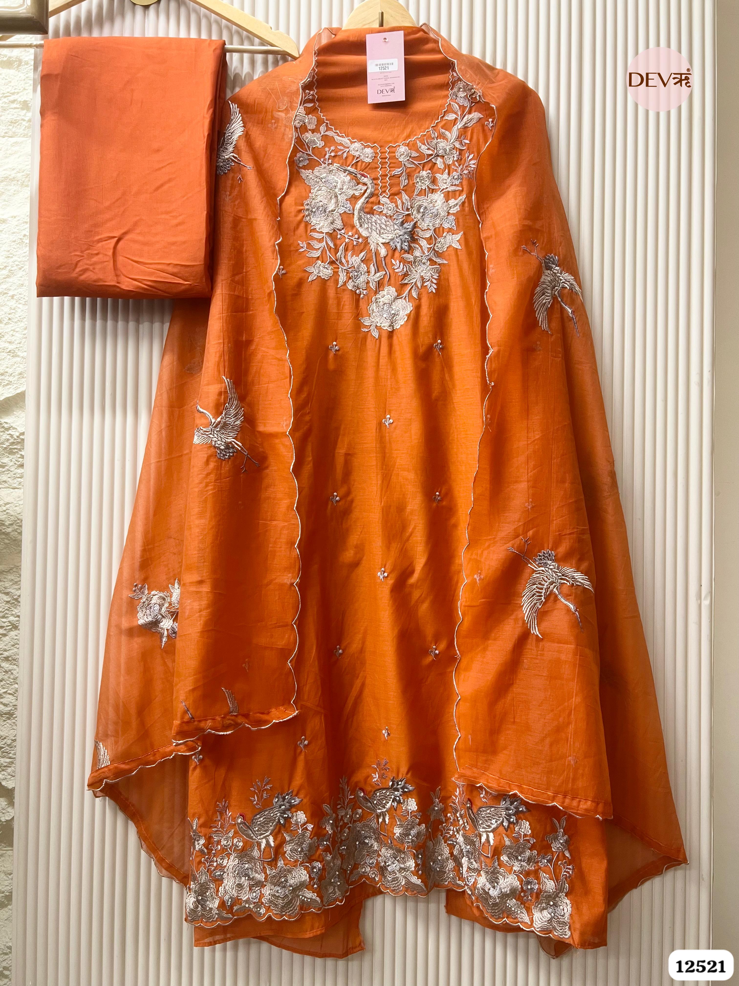Orange Pure Mul Chanderi Embroidered Unstitched 3-Piece Suit (Devri – D.No 12521)