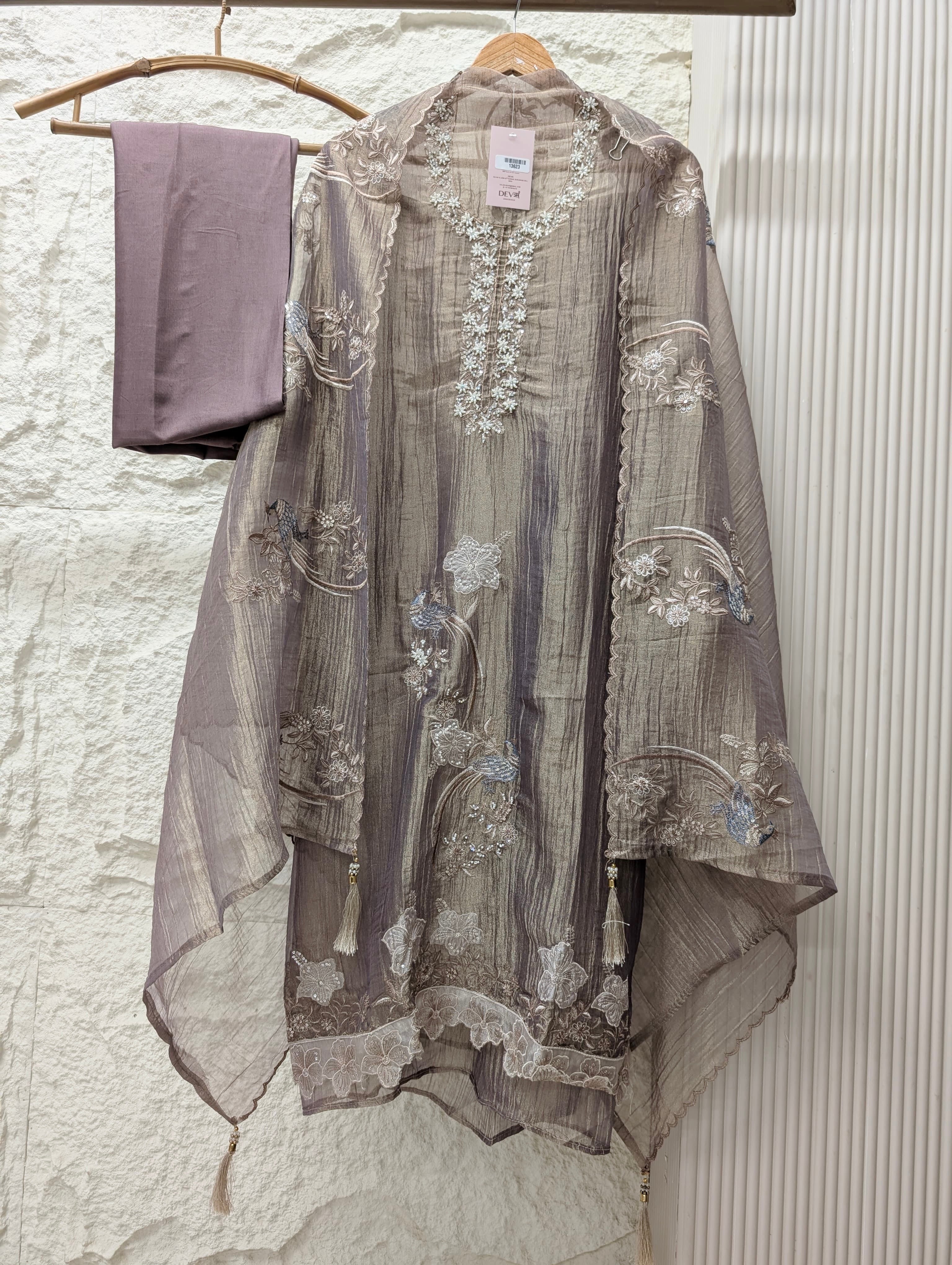 Mauve Tissue Crush Silk Embroidered Unstitched 3-Piece Suit (Devri – D.No 13623)