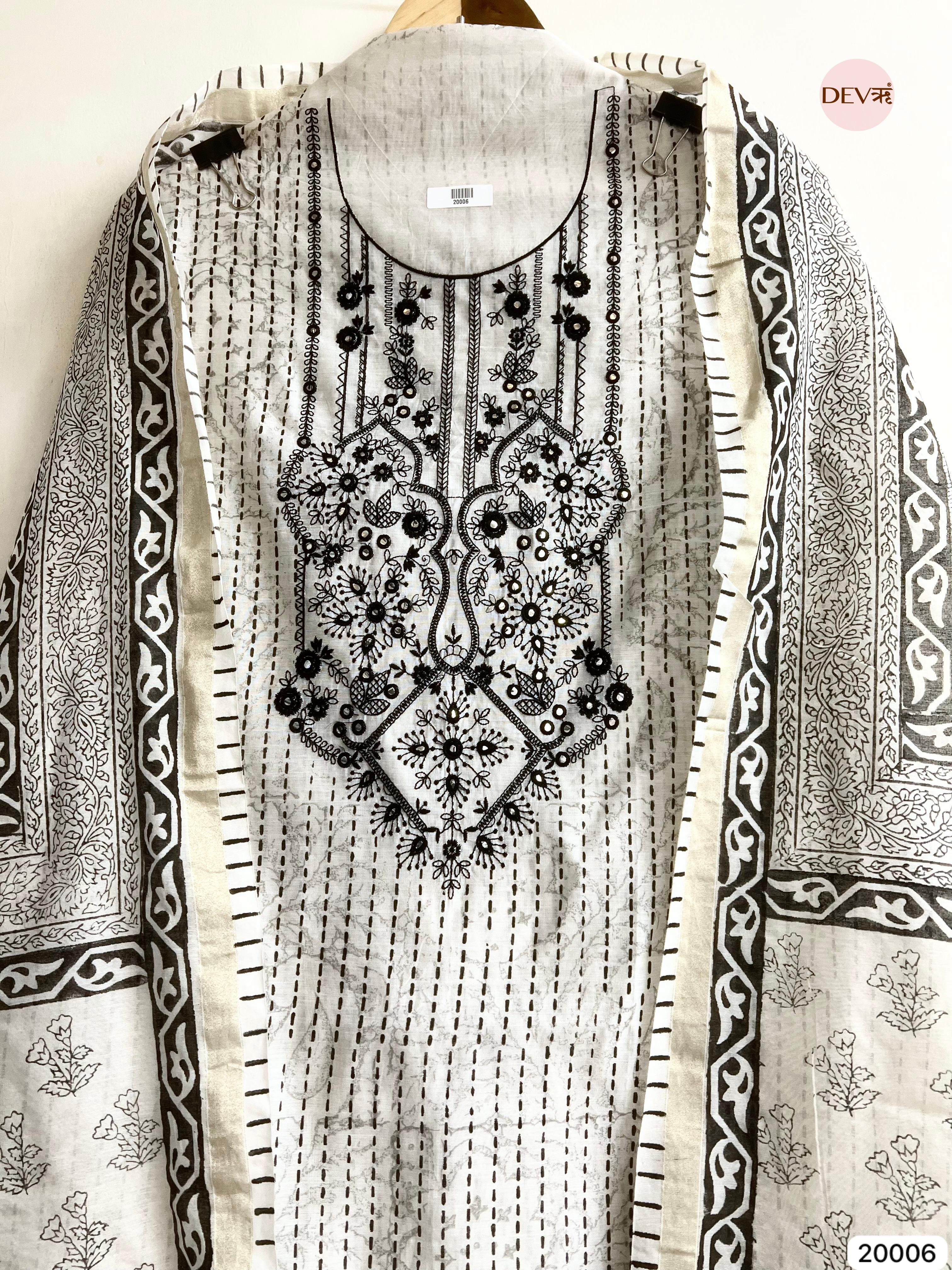 Black and White Pure Linen Cotton Embroidered Unstitched 3-Piece Suit (Devri – D.No 20006)