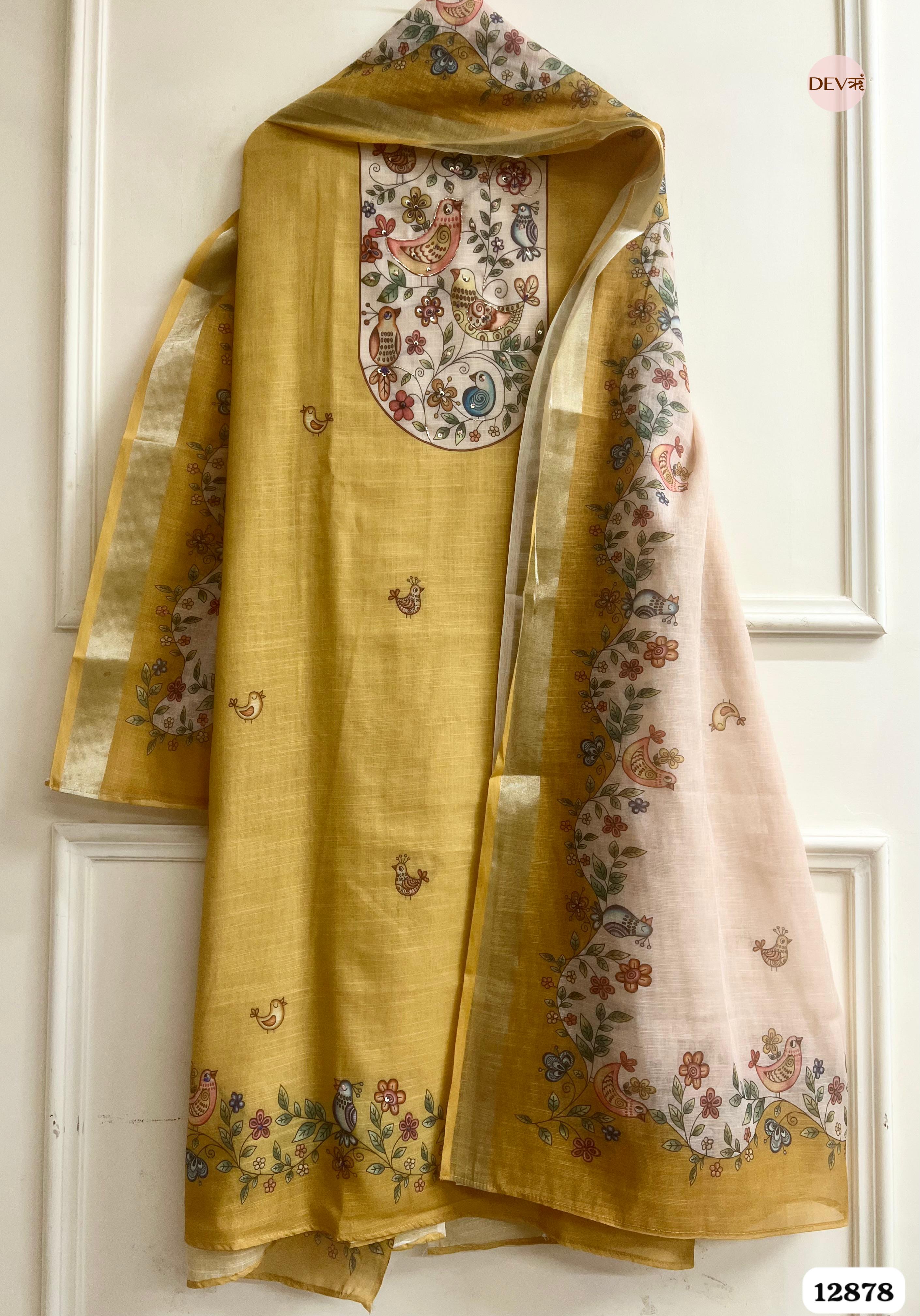 Mustard Yellow Linen Cotton Printed Unstitched 3-Piece Suit (Devri – D.No 12878)