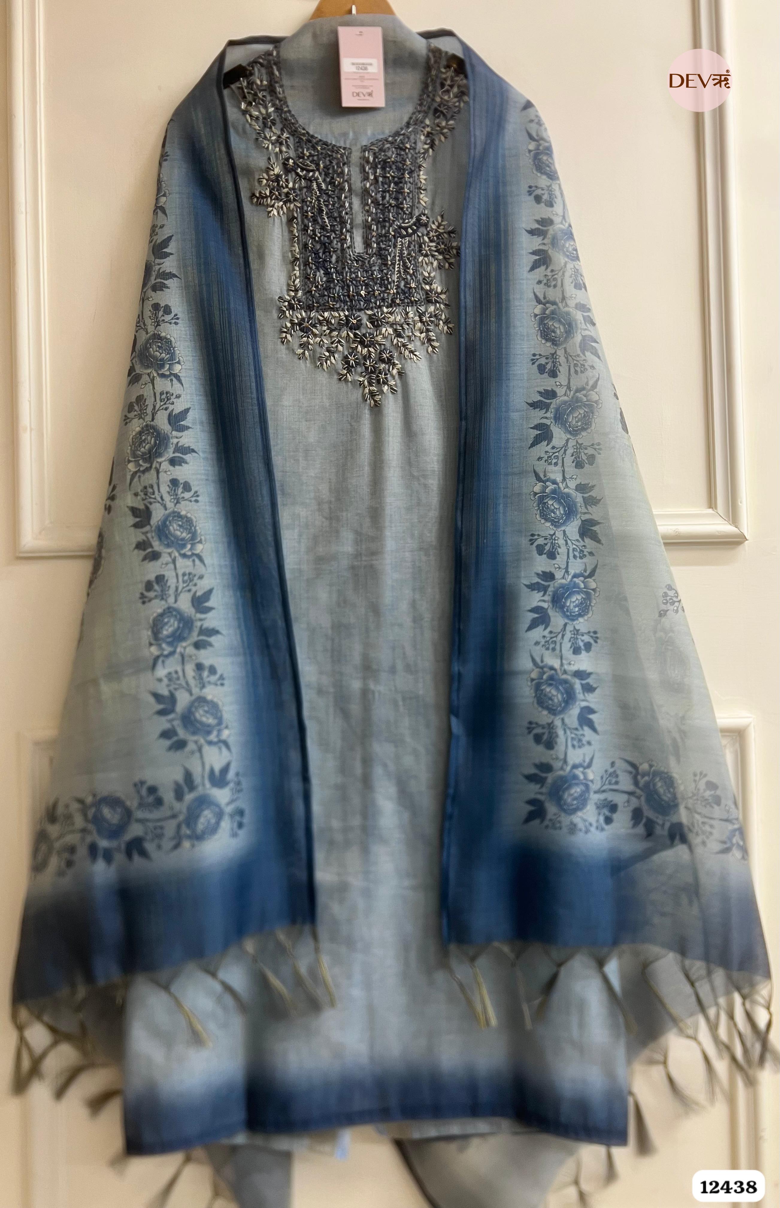 Powder Blue Pure Linen Tissue Embroidered Unstitched 3-Piece Suit (Devri – D.No . 12437)