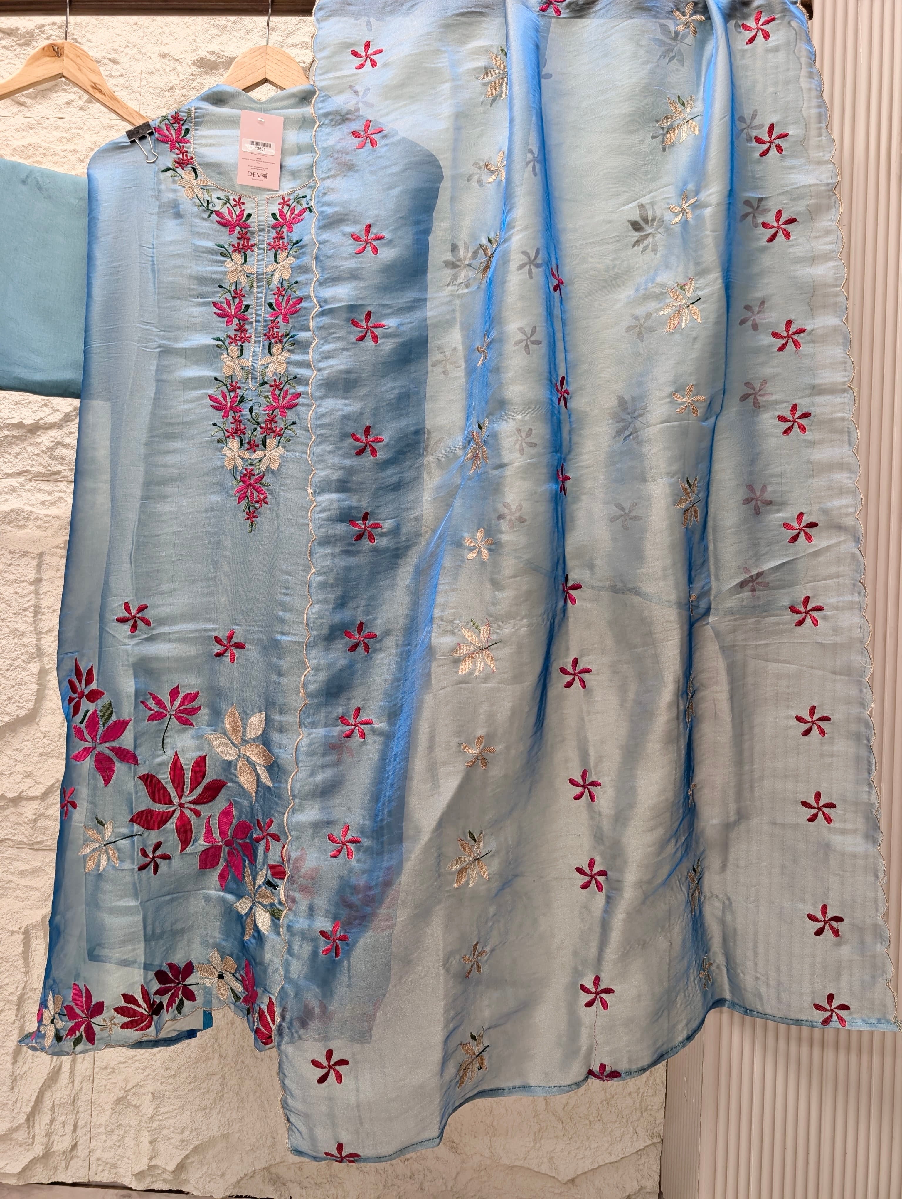 Blue Crush Tissue Silk Embroidered Unstitched 3-Piece Suit (Devri – D.No 13604)