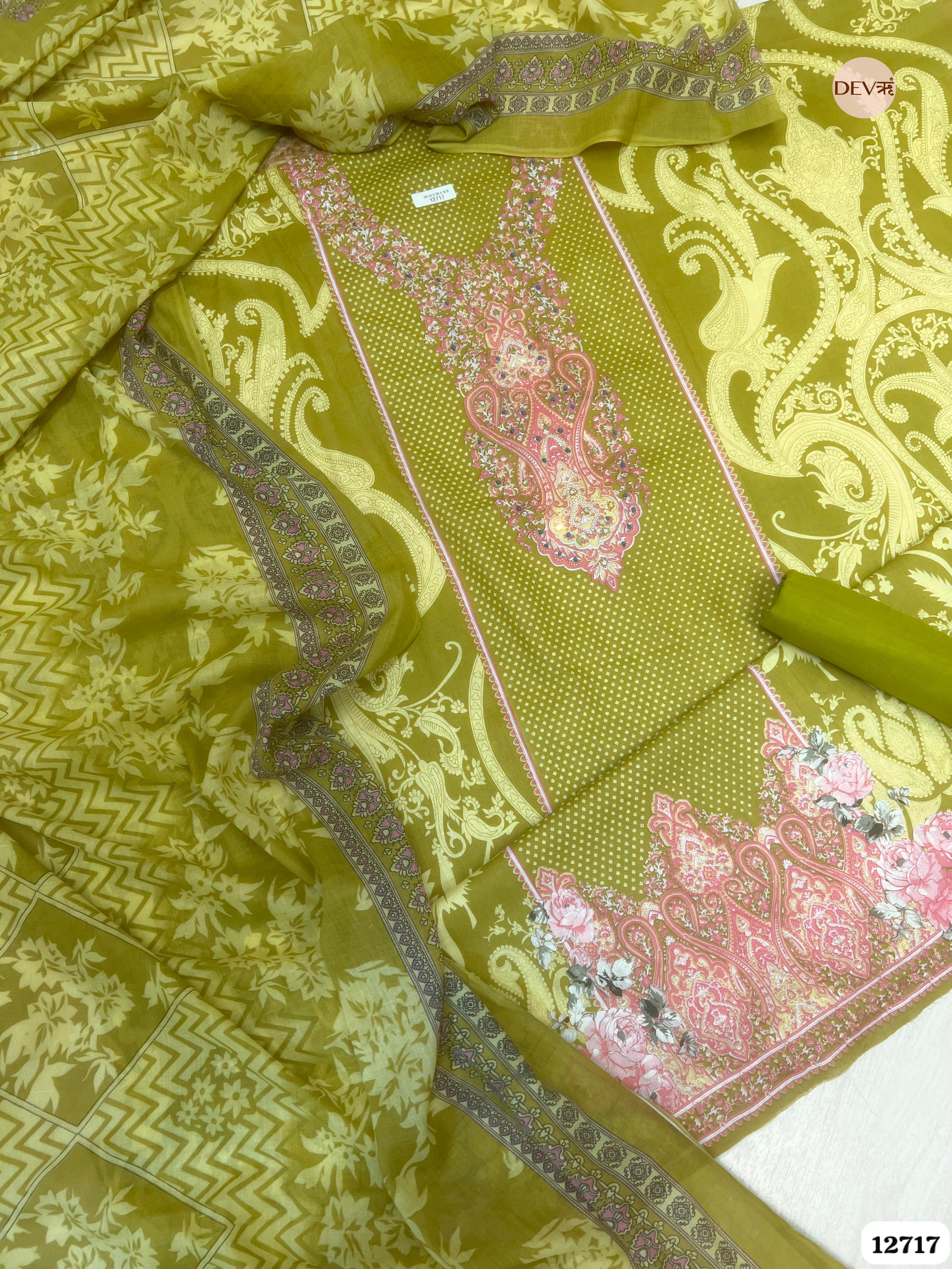 Green Cotton Printed Unstitched 3-Piece Suit (Devri – D.No 12717)