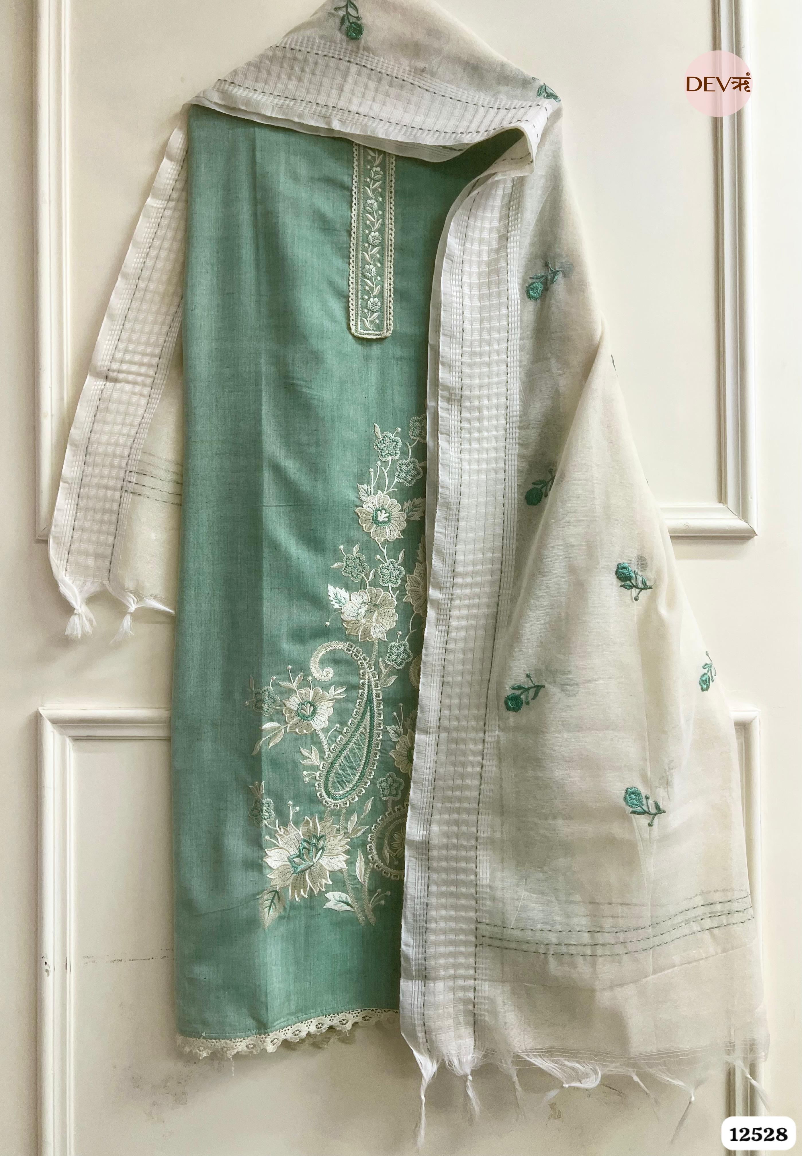 Mint Handloom Cotton Embroidered Unstitched 3-Piece Suit (Devri – D.No 12528)