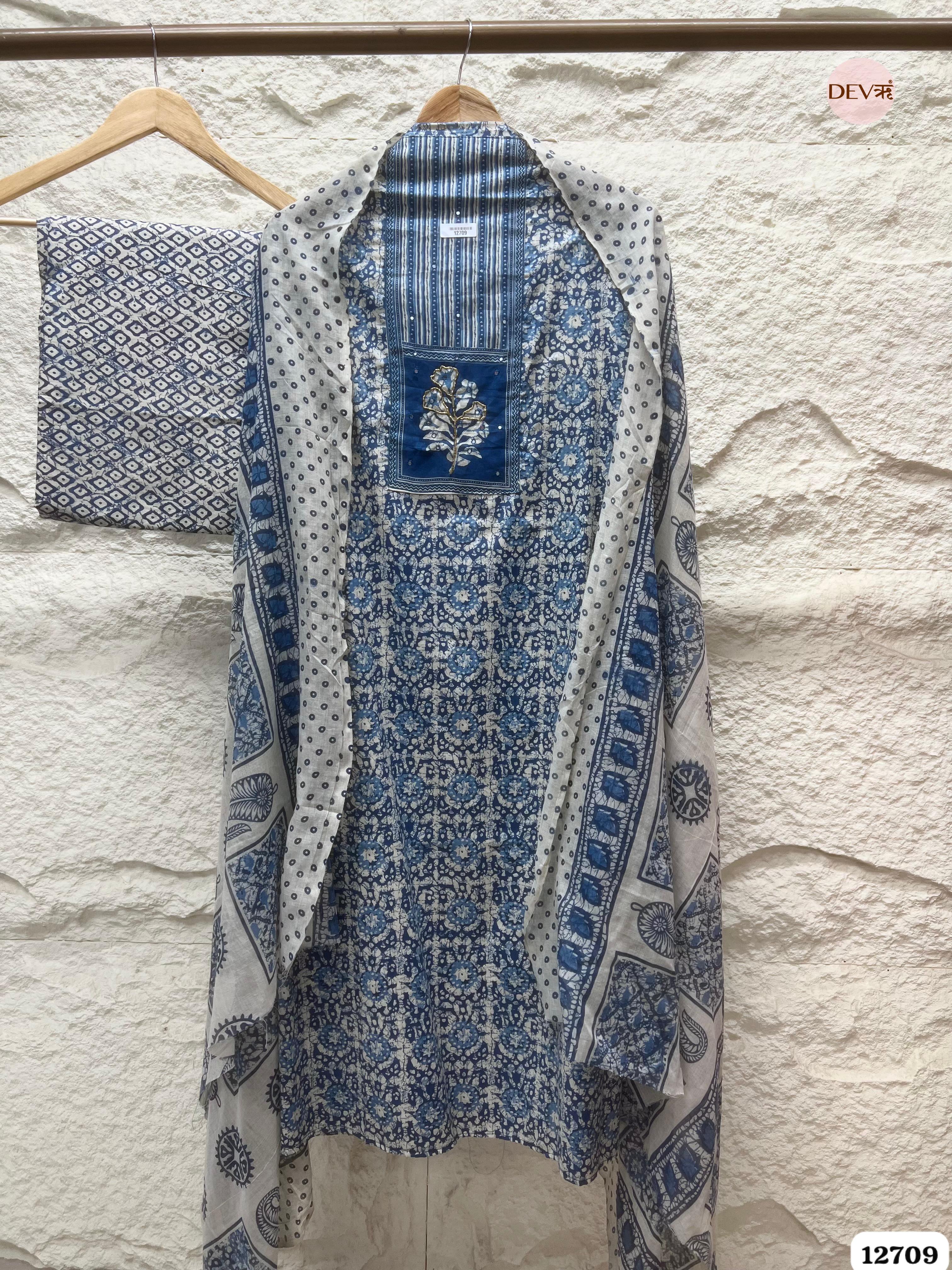Indigo Blue Cotton Printed Unstitched 3-Piece Suit (Devri – D.No 12709)
