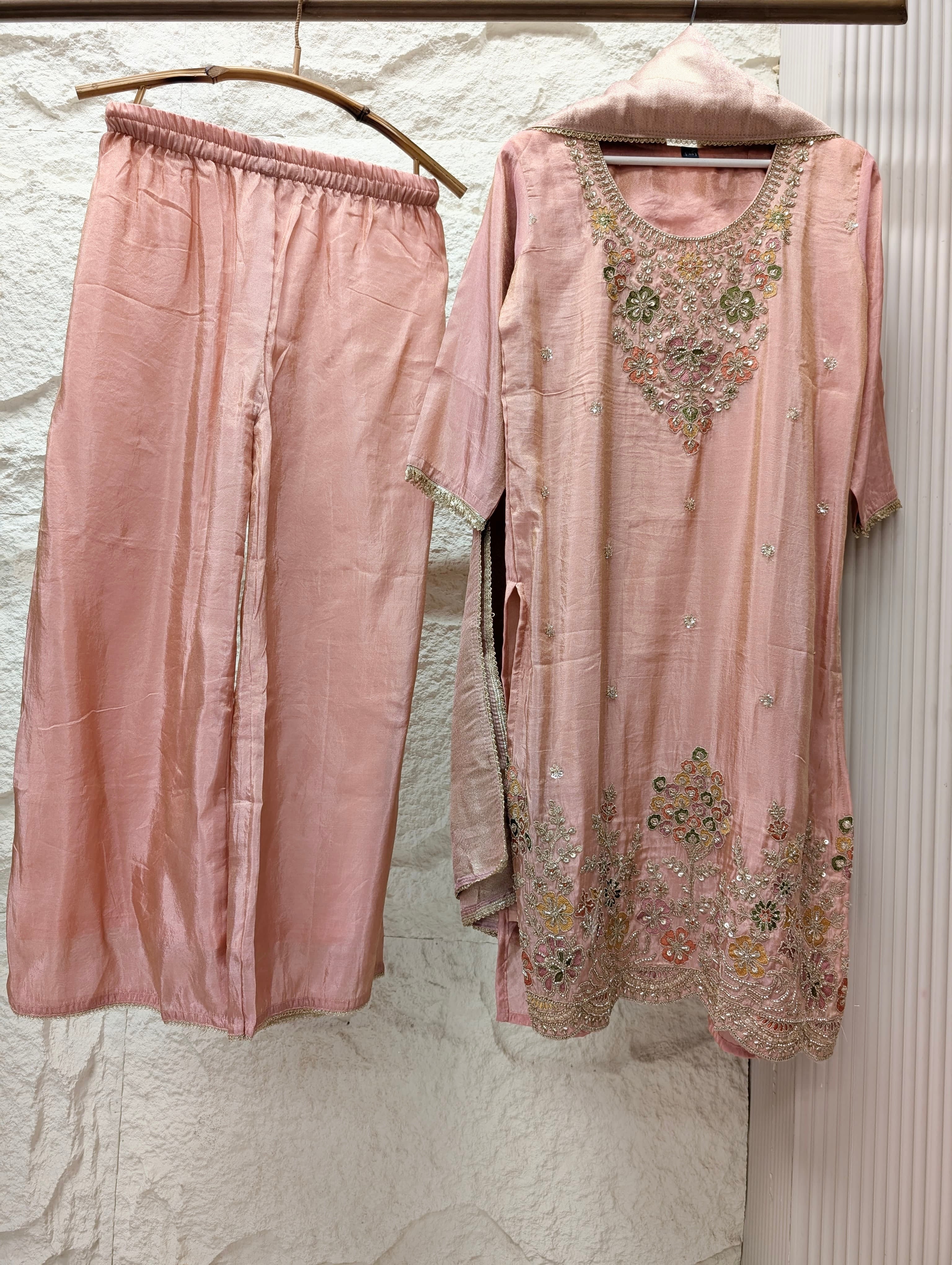 Gulnaar Tissue silk Embroidered Blush Pink 3-Piece Set (Devri – D.No 13794)