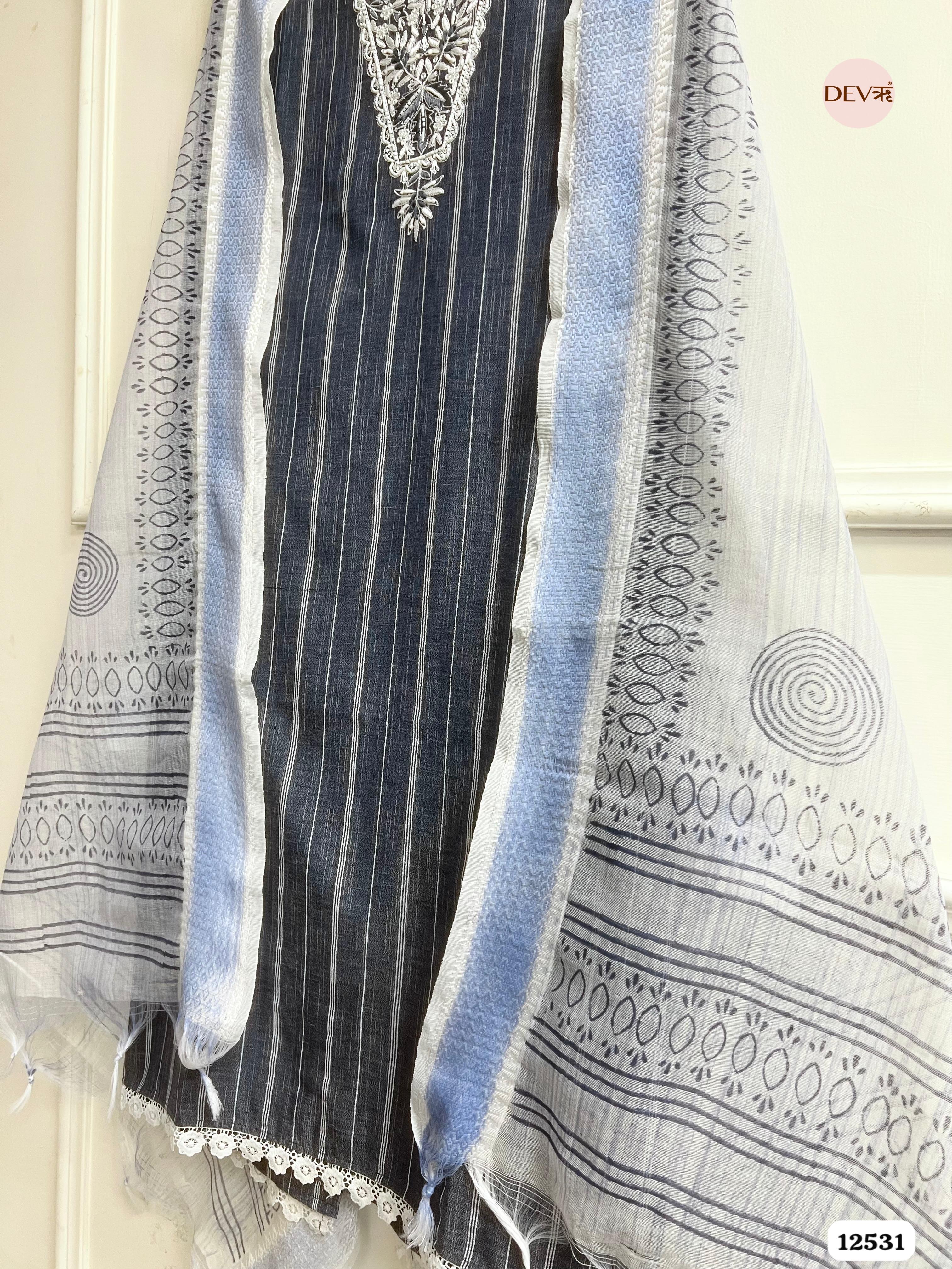Navy Blue Handloom Cotton Embroidered Unstitched 3-Piece Suit (Devri – D.No 12531)