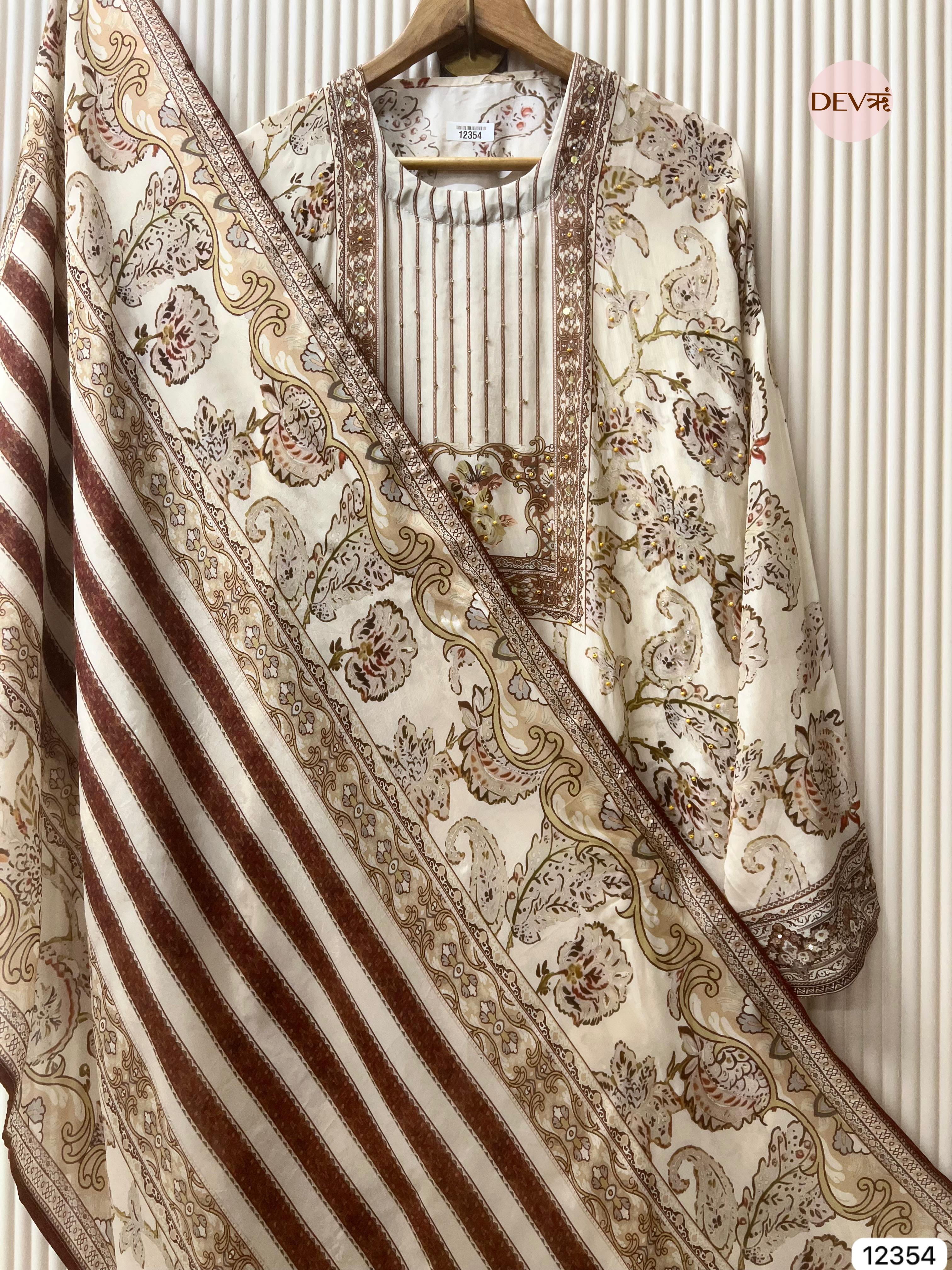 Ivory Organza Silk Printed Unstitched 3-Piece Suit (Devri – D.No 12354)