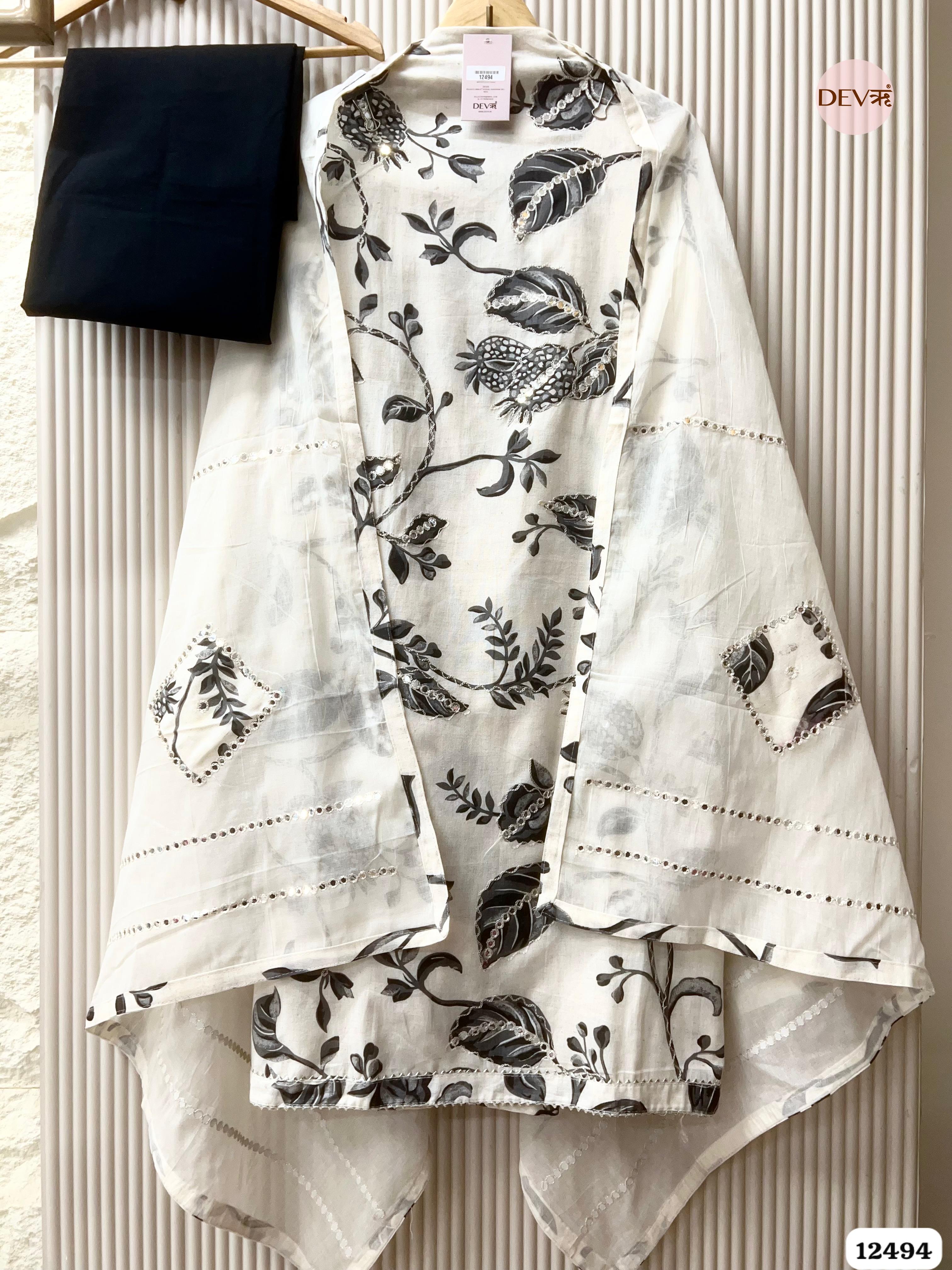 Ivory & Charcoal Pure Cotton Printed Unstitched 3-Piece Suit (Devri – D.No 12494)