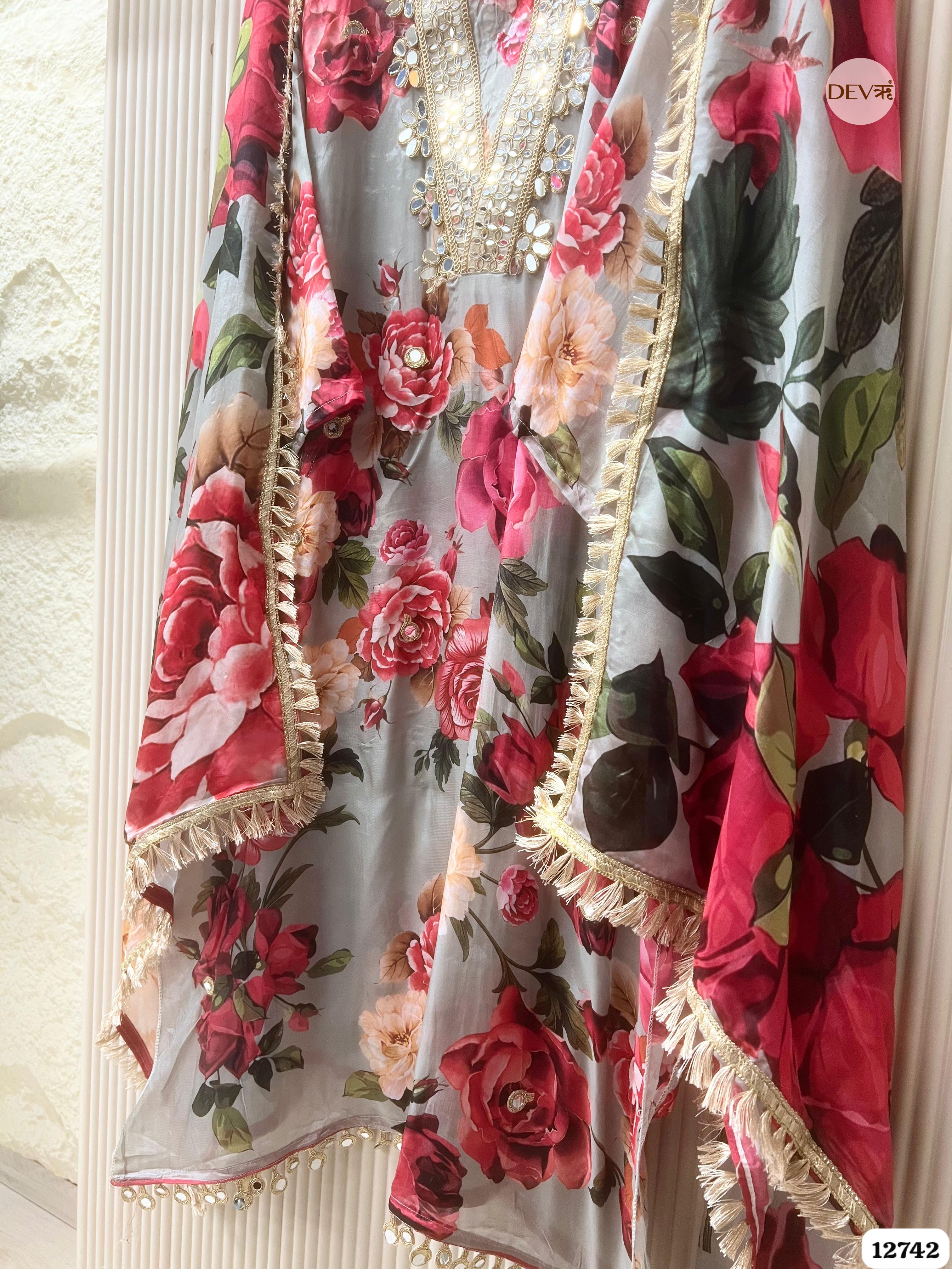 Grey Glass Organza Floral Printed Unstitched 3-Piece Suit (Devri – D.No 12742)