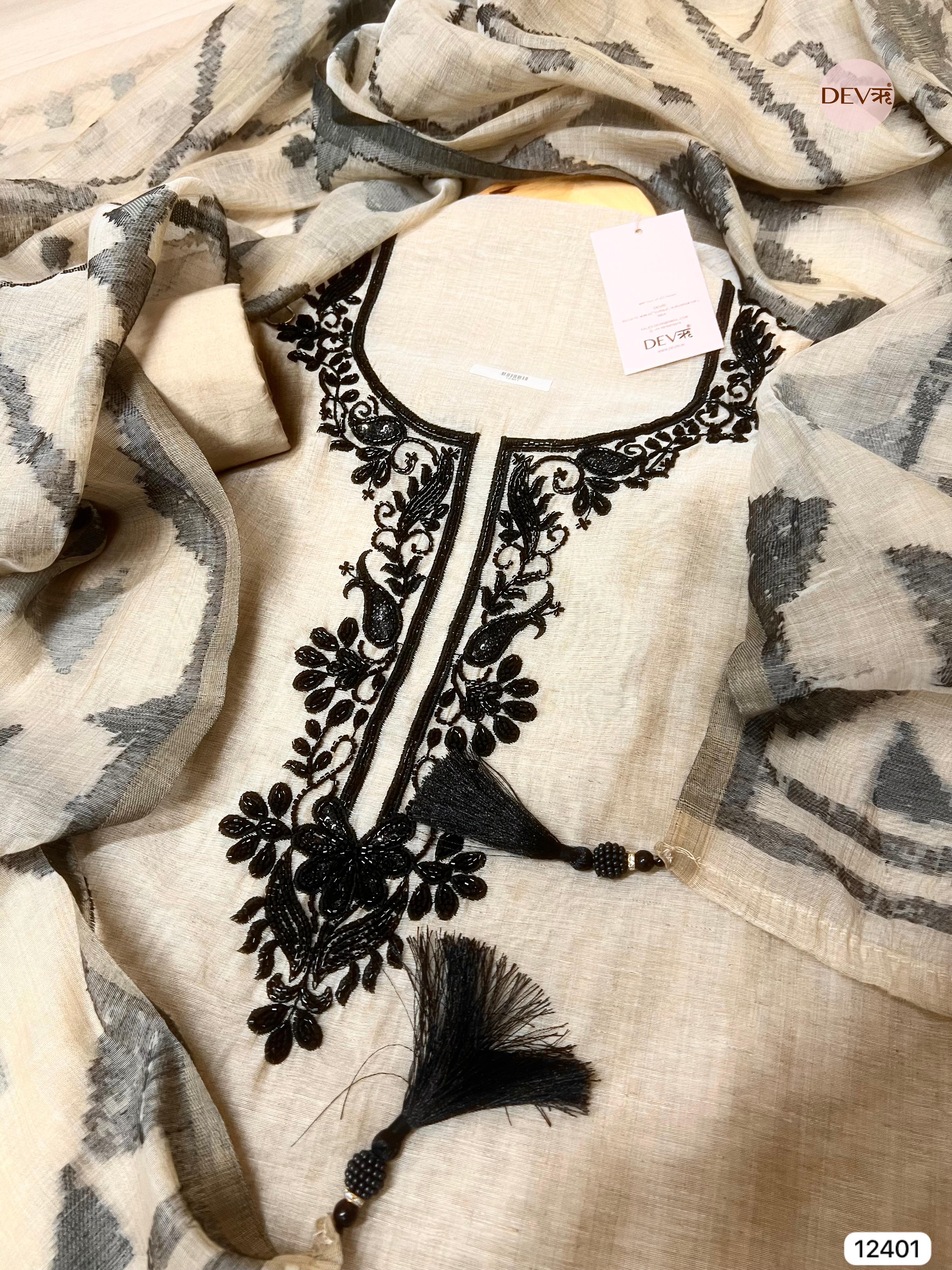 Beige Mul Chanderi Embroidered Unstitched 3-Piece Suit (Devri – D.No 12401)