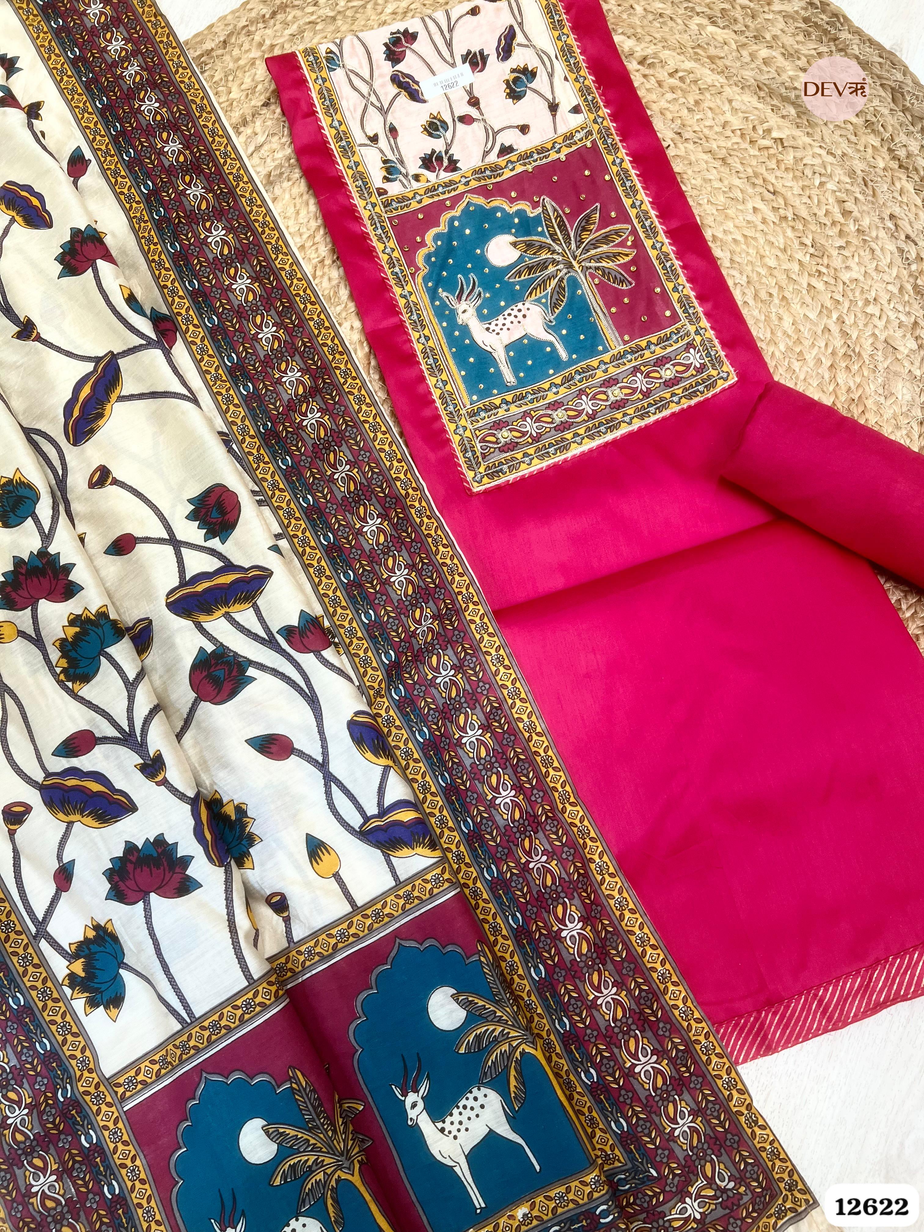 Pink Cotton Printed Unstitched 3-Piece Suit (Devri – D.No 12622)