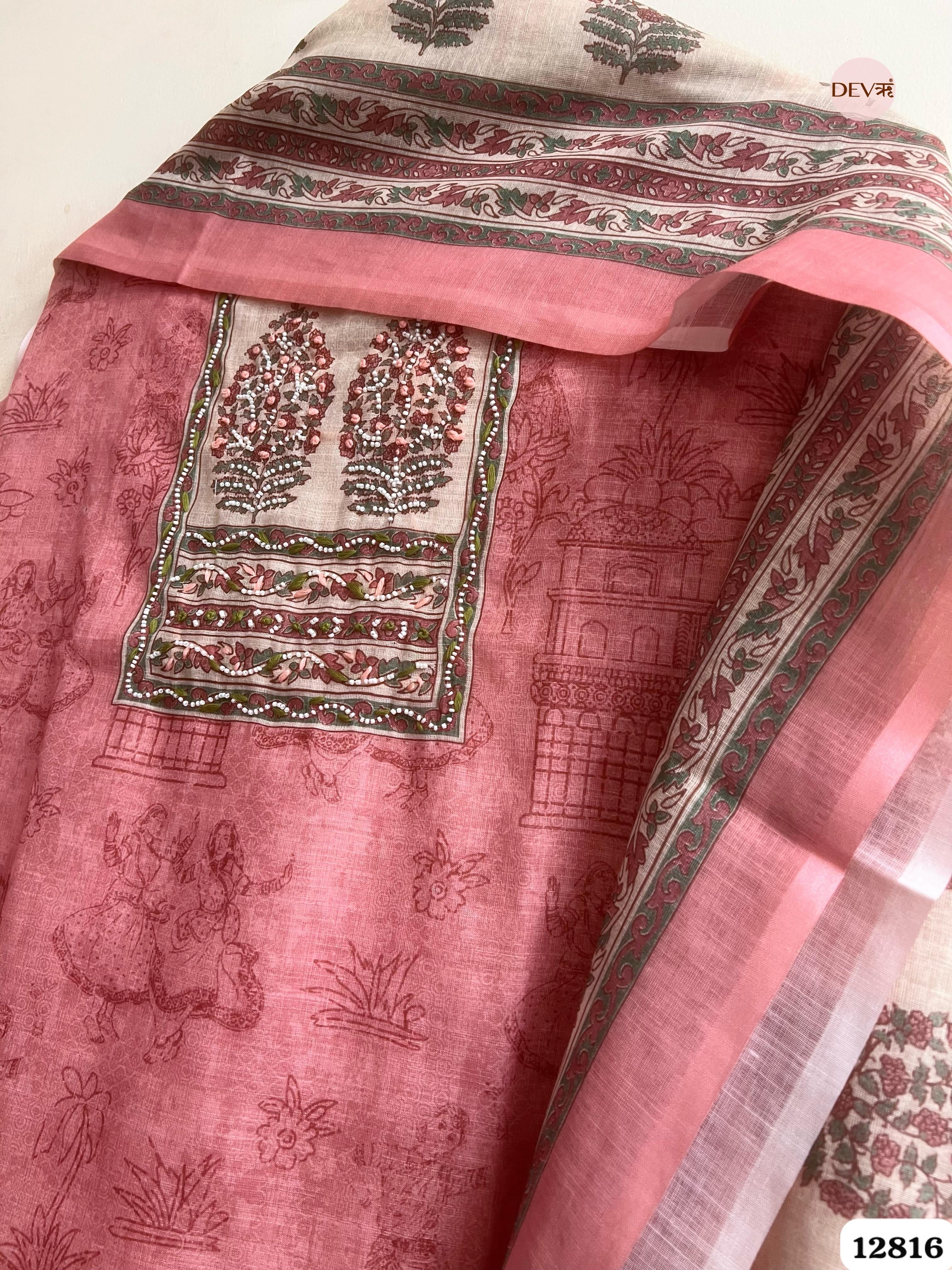 Pink Linen Cotton Printed Unstitched 3-Piece Suit (Devri – D.No 12816)