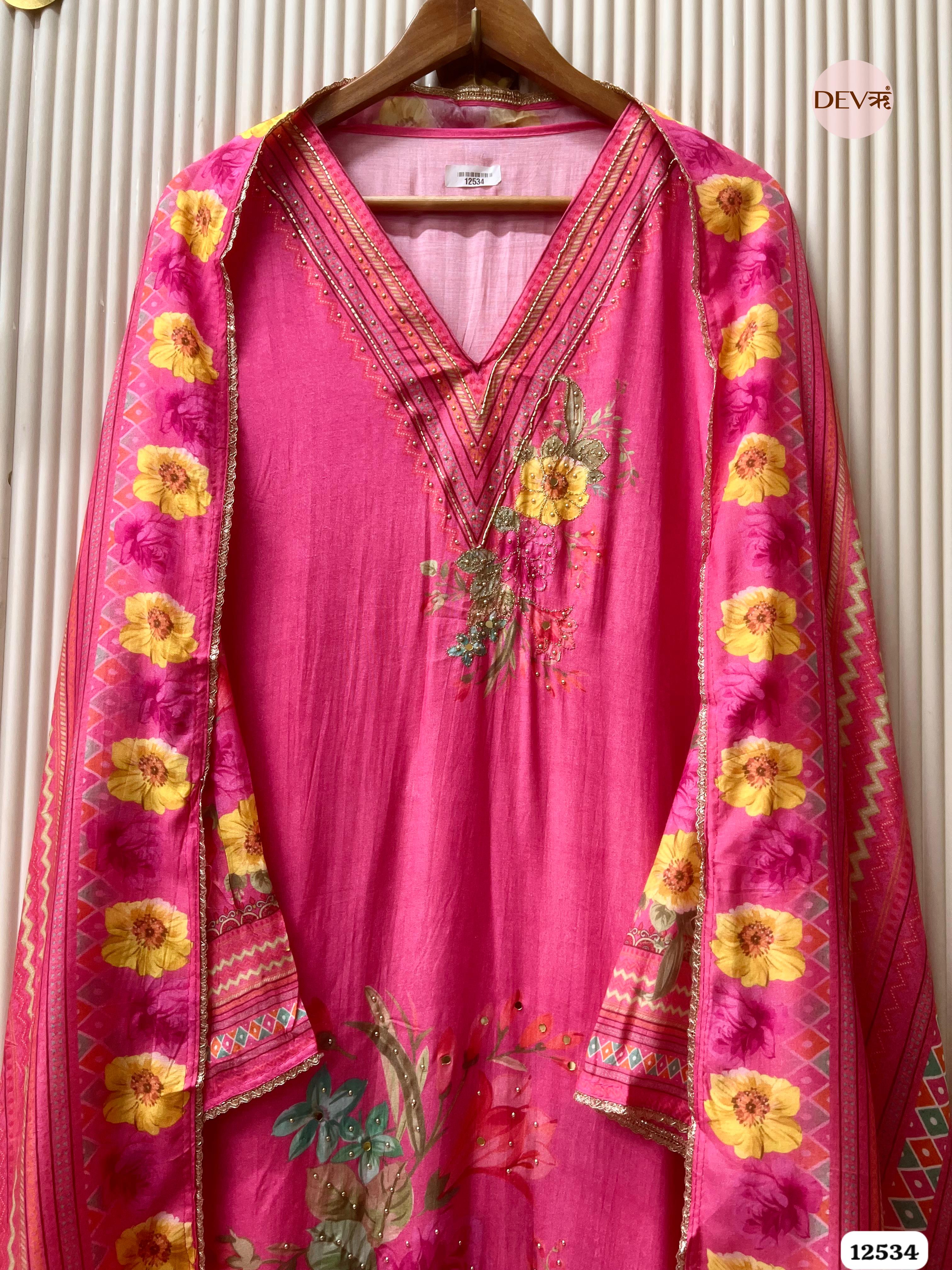 Deep Pink Muslin Printed Unstitched 3-Piece Suit (Devri – D.No . 12534)