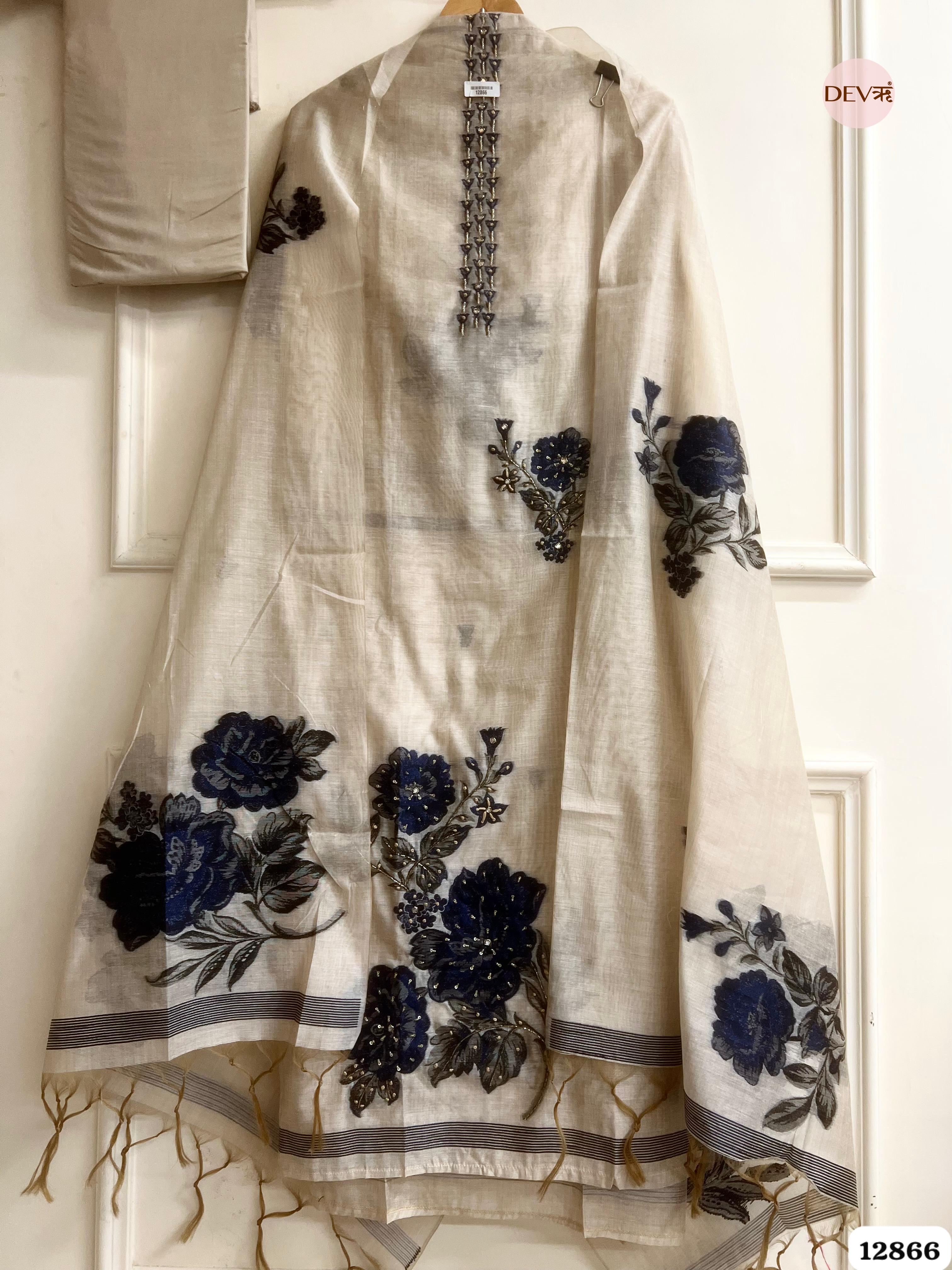 Ivory Mul Chanderi Embroidered Unstitched 3-Piece Suit (Devri – D.No 12866)