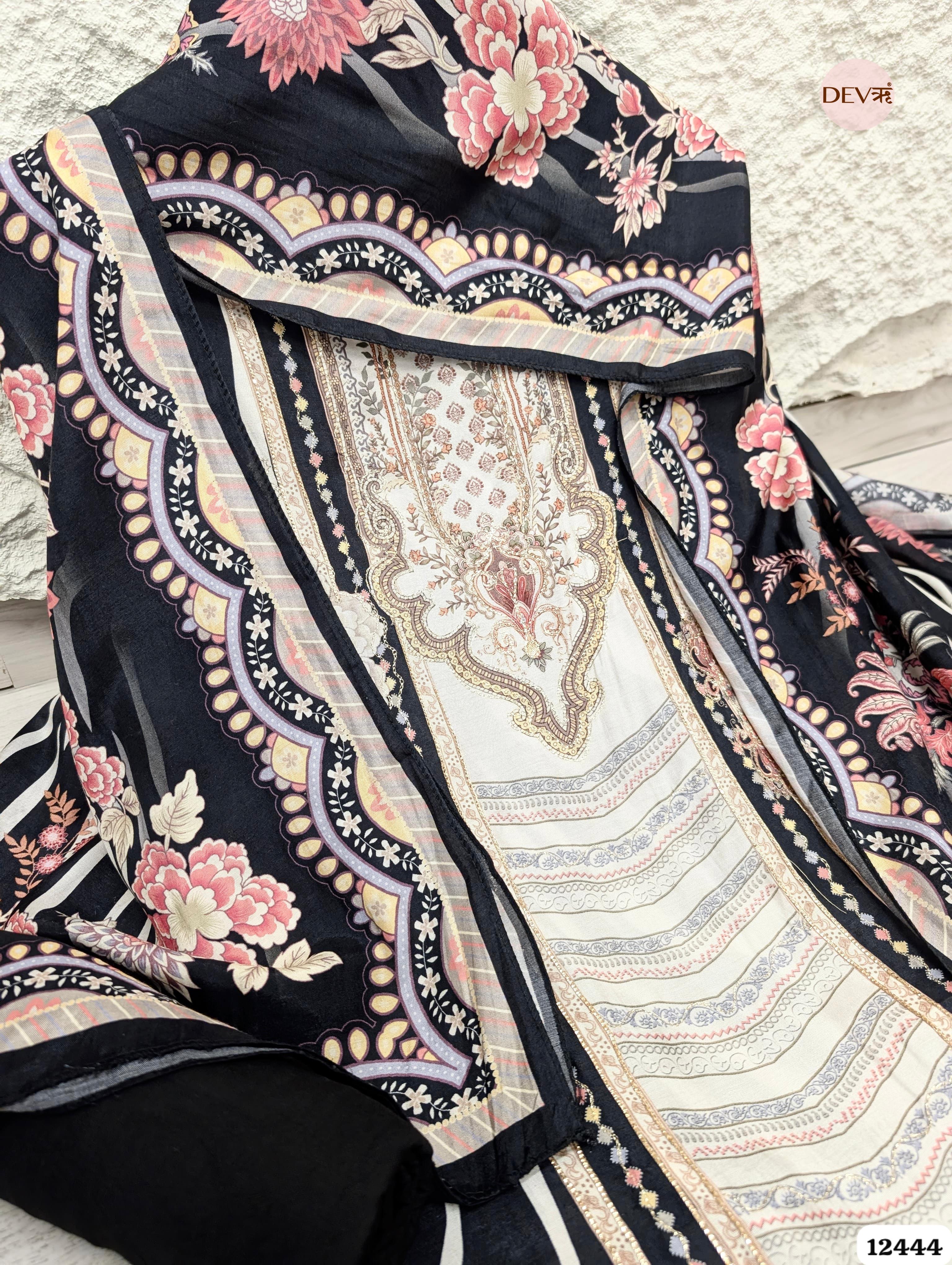 Black & Ivory Muslin Digital Printed Unstitched 3-Piece Suit (Devri – D.No 12444)