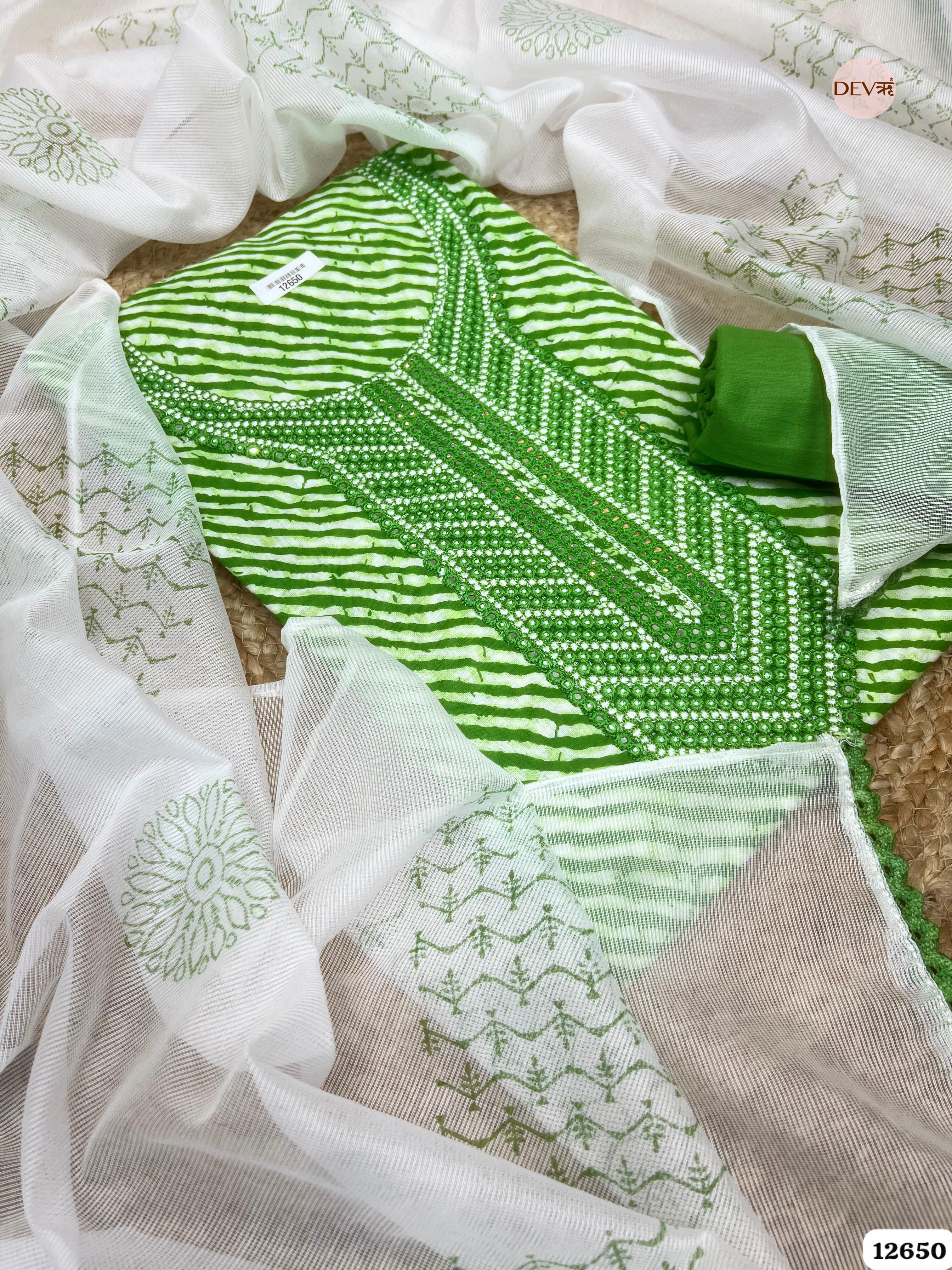 Green Cotton Printed & Embroidered Unstitched 3-Piece Suit (Devri – D.No. 12650)