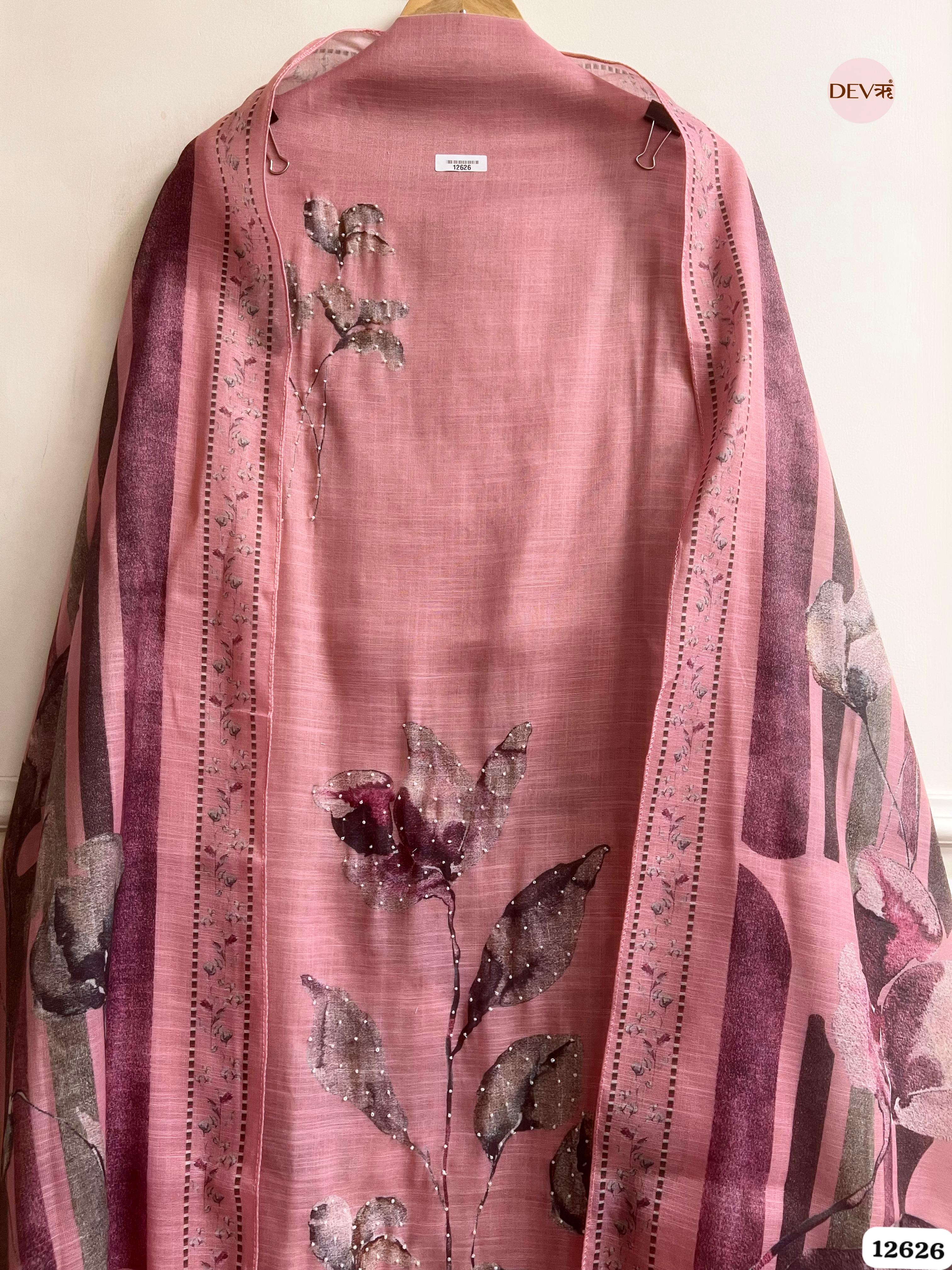 Pink Linen Printed Unstitched 3-Piece Suit (Devri – D.No 12626)