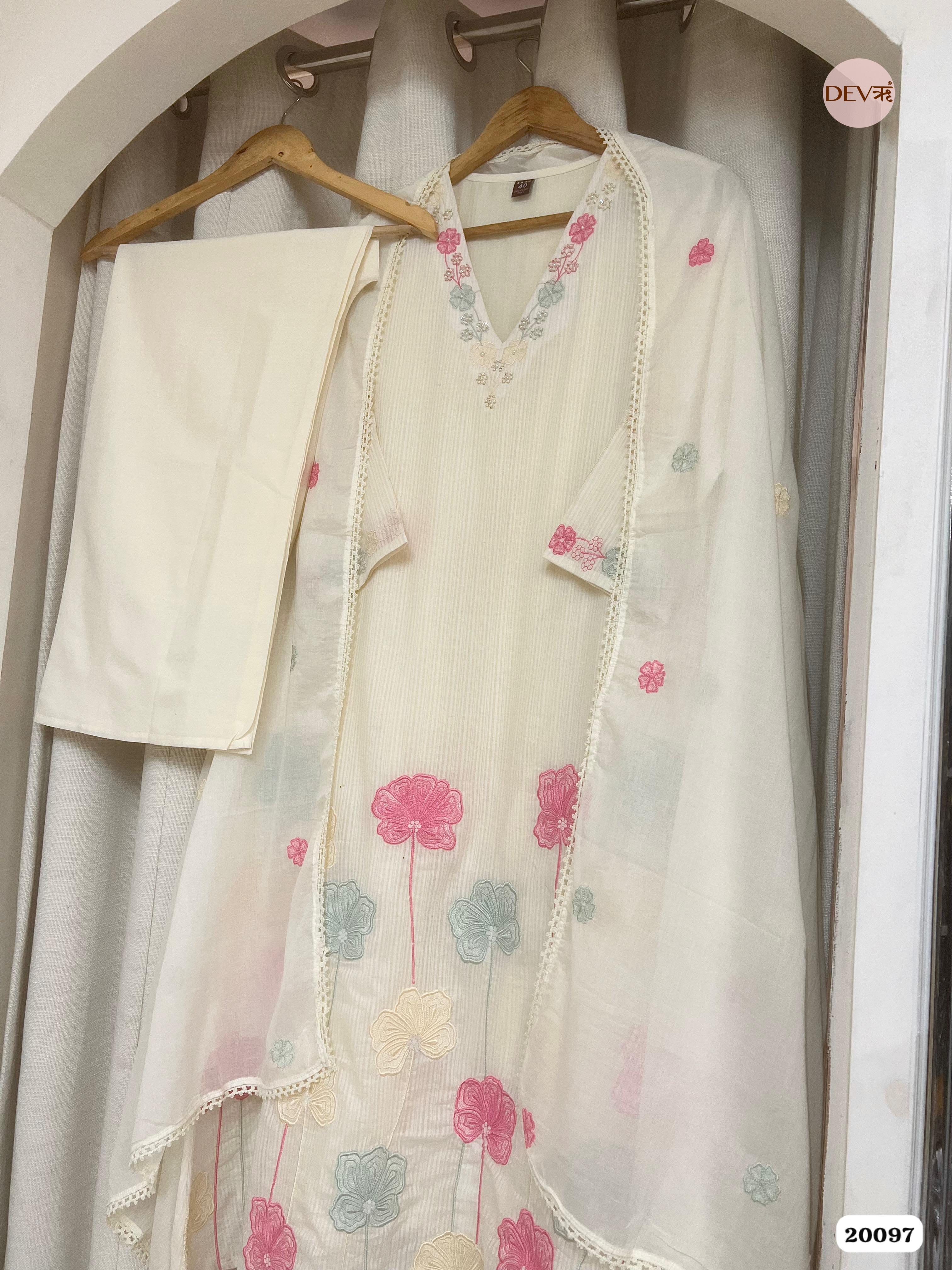 Kaveri Pure Cotton Embroidered Ivory 3-Piece Set (Devri – D.No 20097)