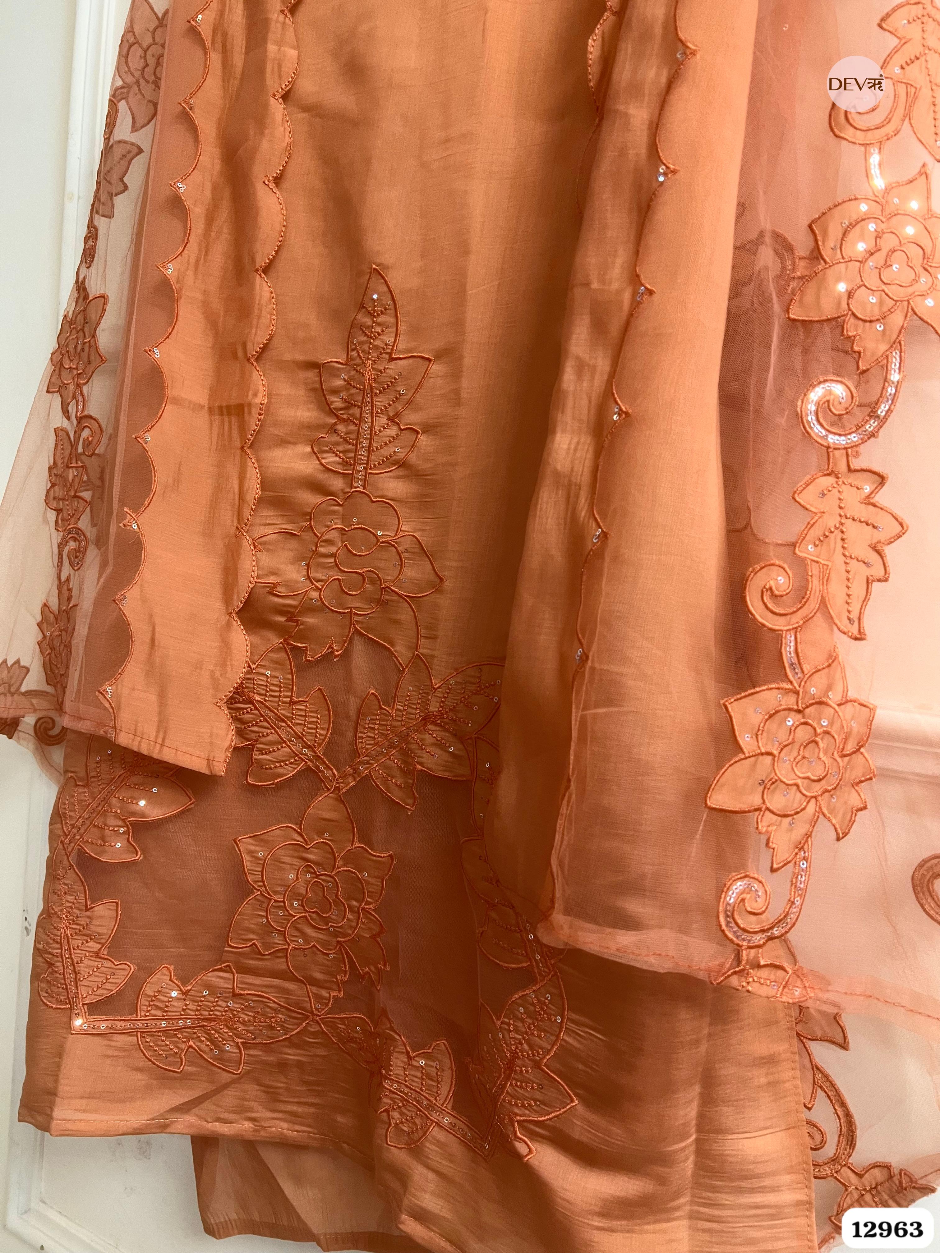 Peach Roman Silk Embroidered Unstitched 3-Piece Suit (Devri – D.No 12963)