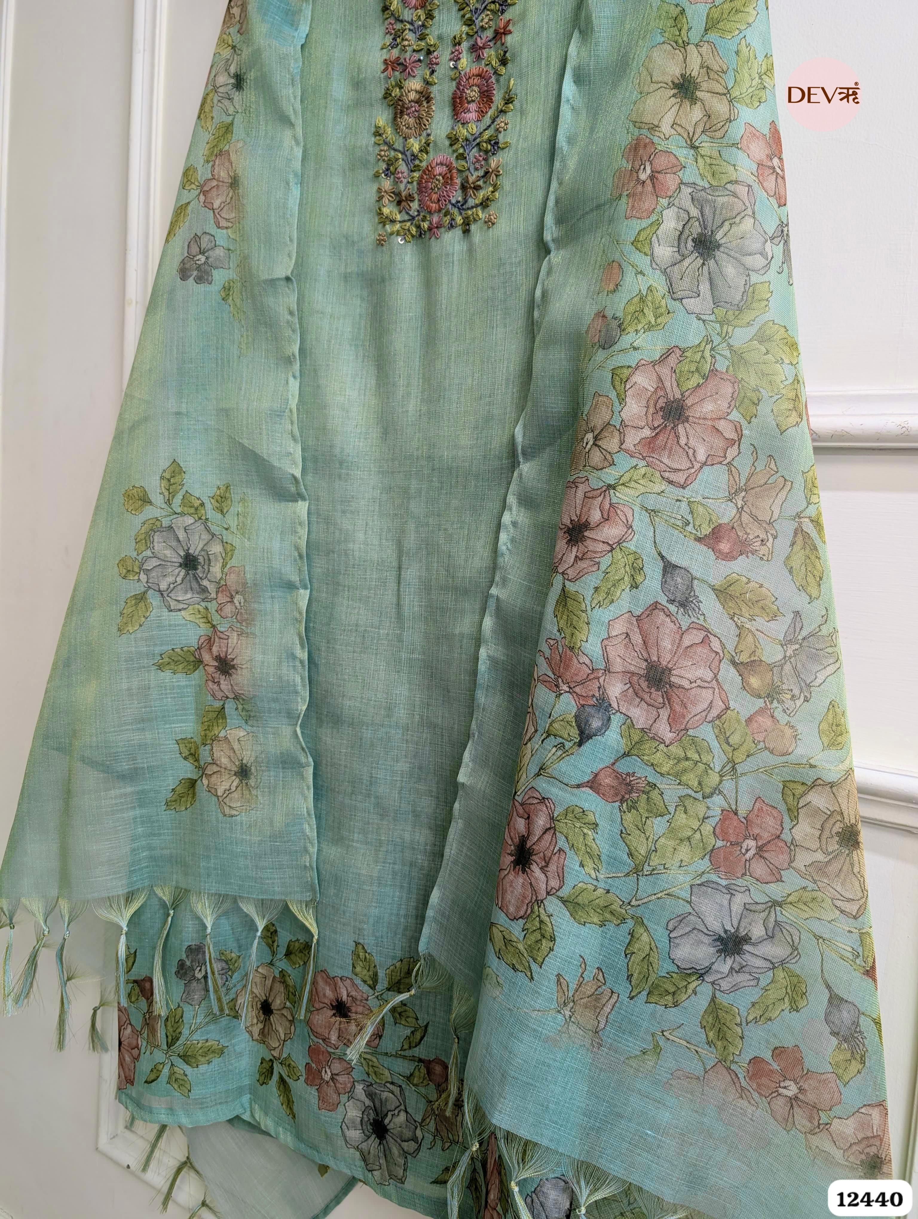 Mint Green Linen Printed Unstitched 3-Piece Suit (Devri – D.No. 12440)