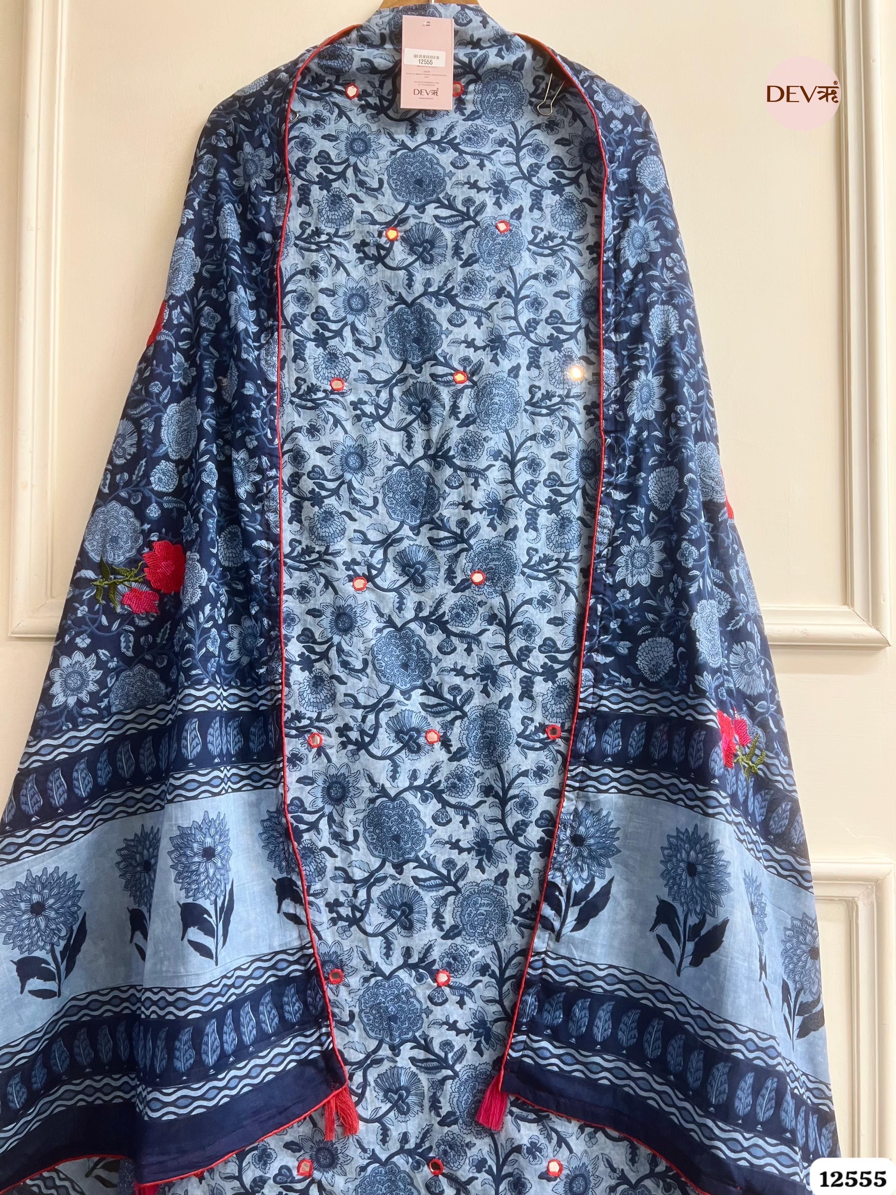 Blue Pure Cotton Printed Unstitched 3-Piece Suit (Devri – D.No 12555)