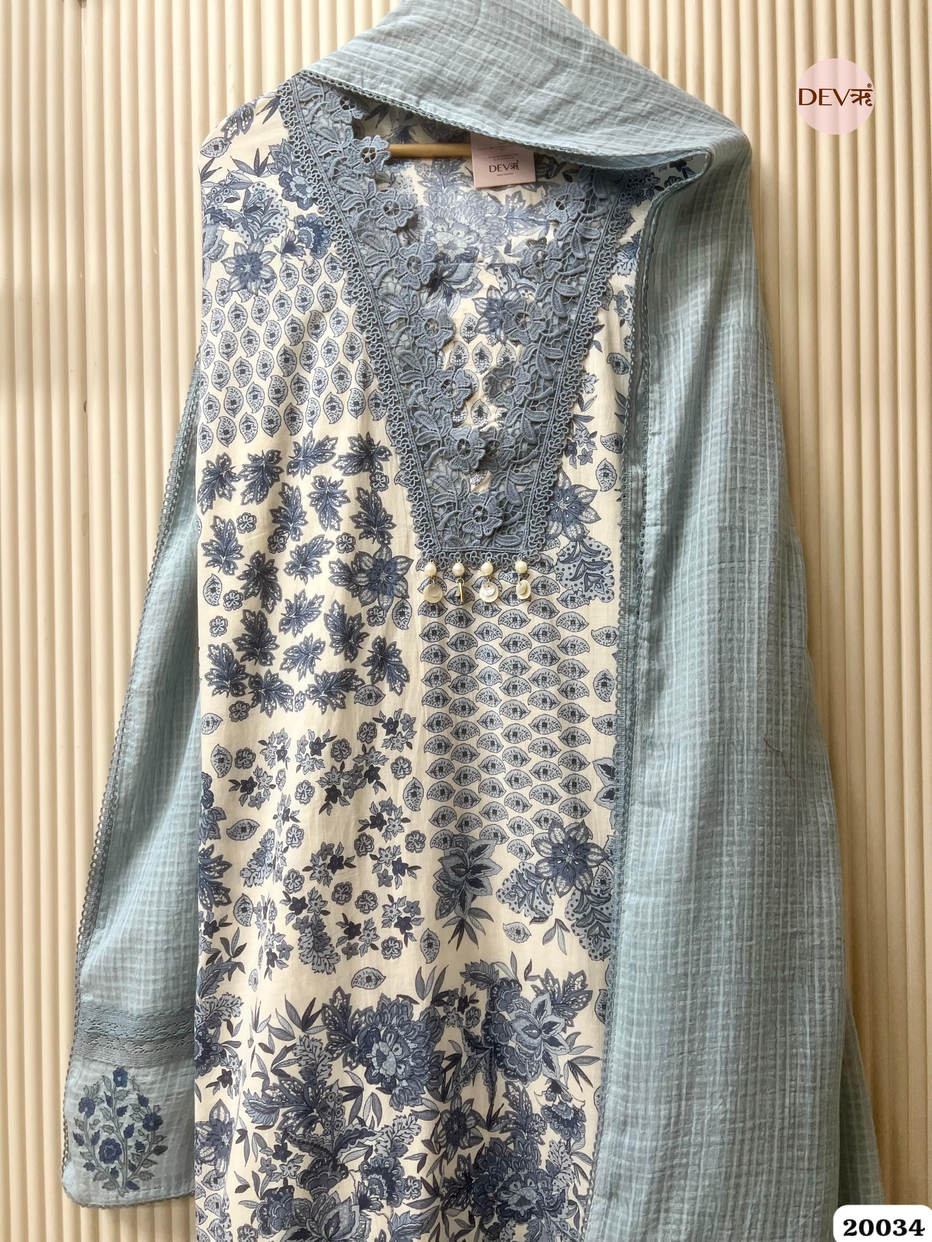 Dusty Blue Pure Cotton Printed Unstitched 3-Piece Suit (Devri – D.No 20034)