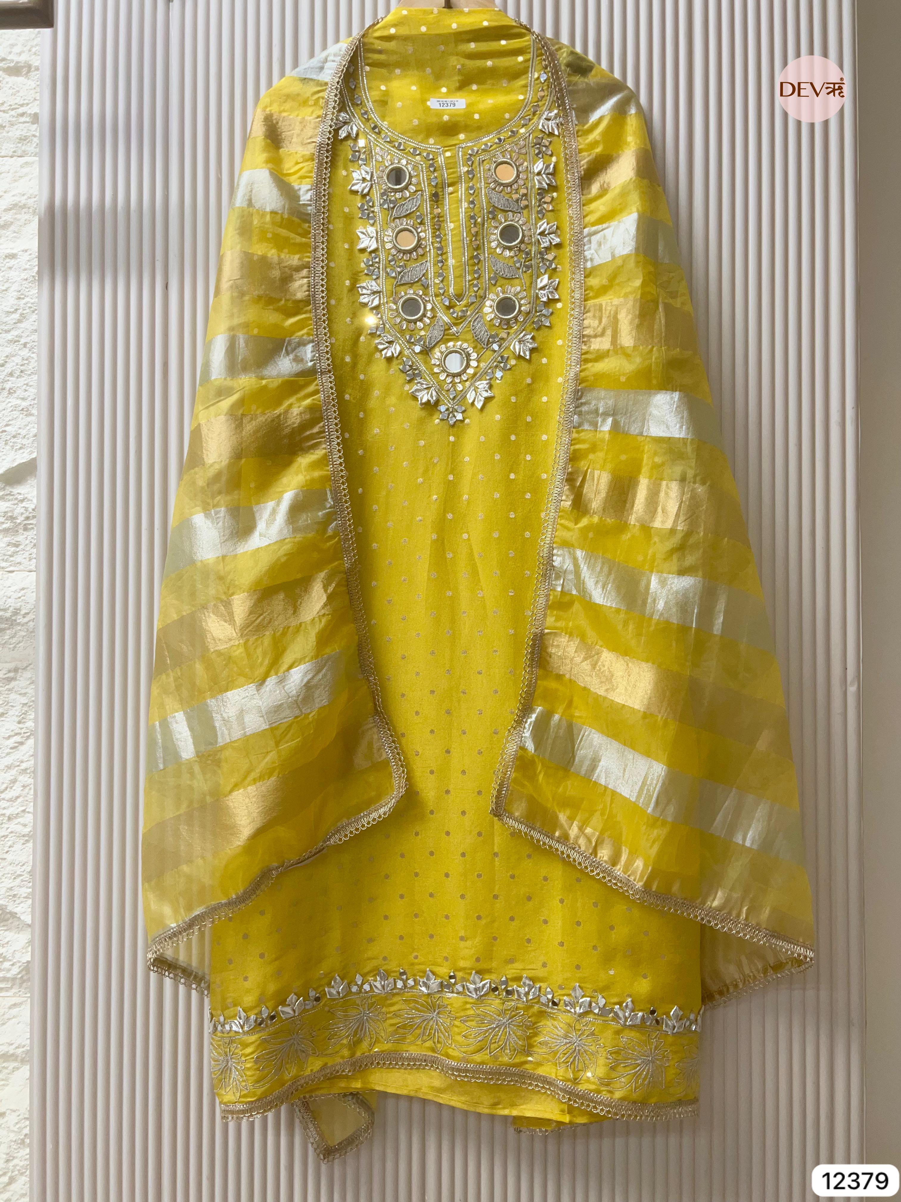 Sun Yellow Tissue Silk Embroidered Unstitched 3-Piece Suit (Devri – D.No 12379)