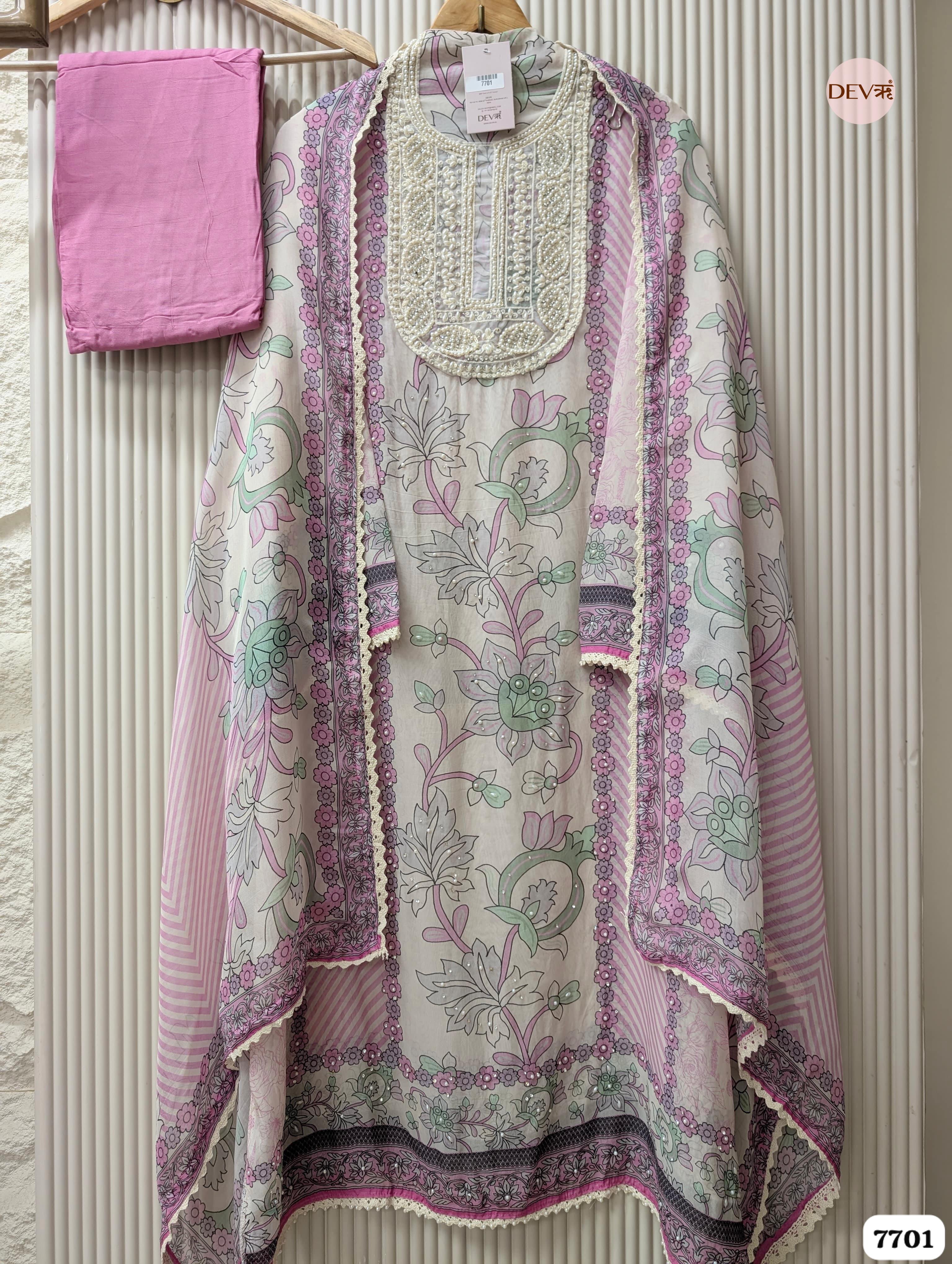 Pink & Mint Organza Silk Printed Unstitched 3-Piece Suit (Devri – D.No. 7701)