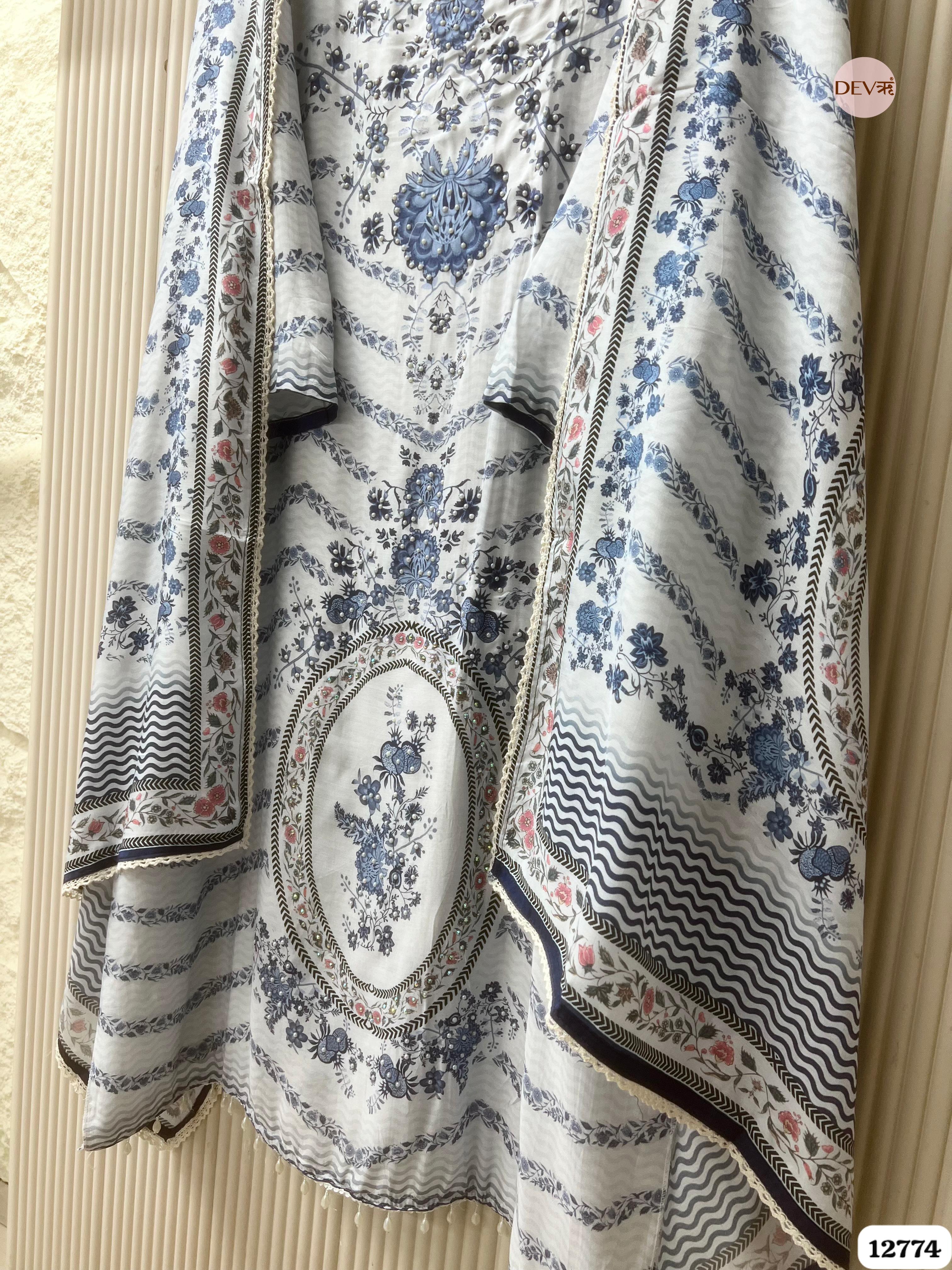 White and Blue Muslin Printed Unstitched 3-Piece Suit (Devri – D.No 12774)