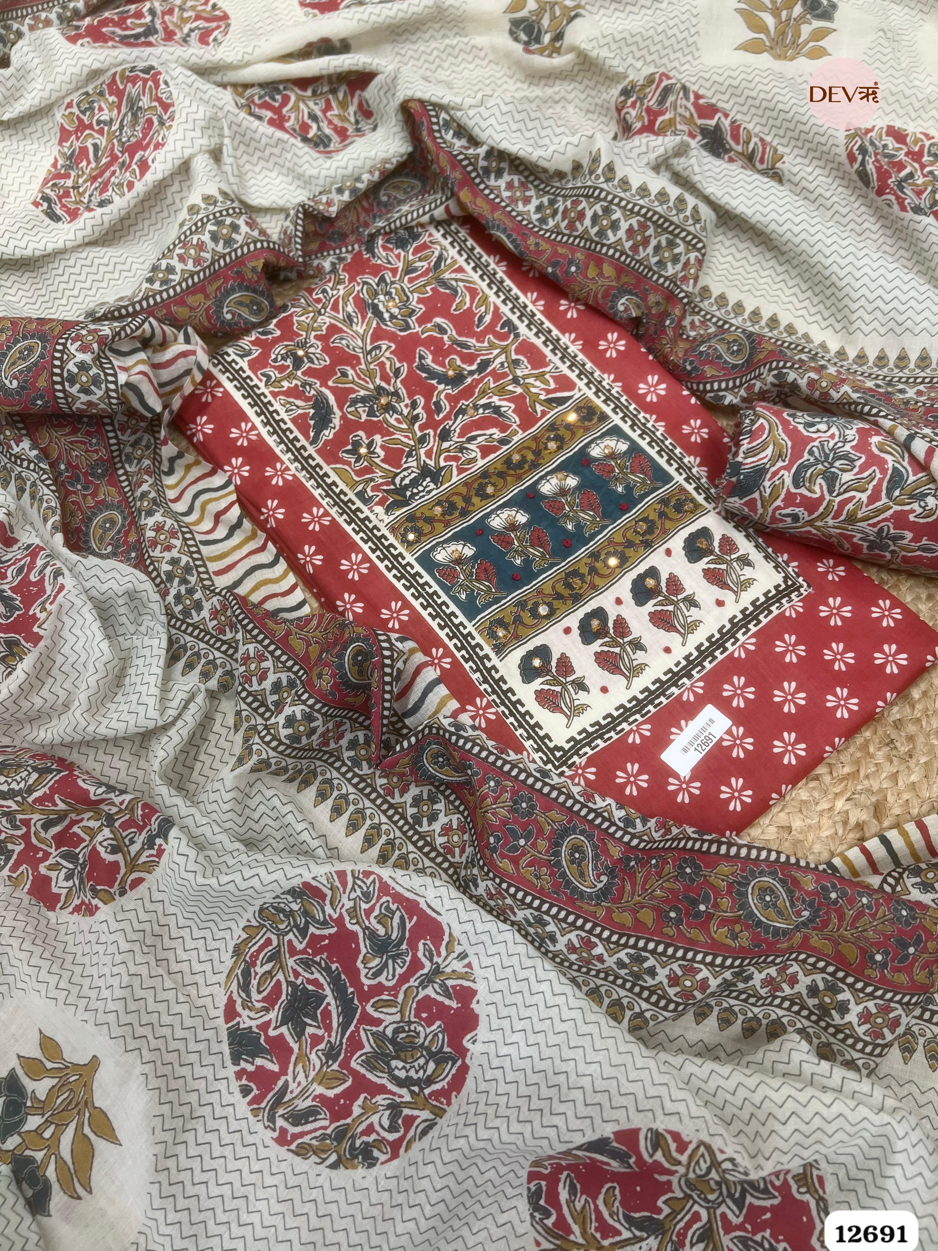 Red Cotton Printed Unstitched 3-Piece Suit (Devri – D.No 12691)