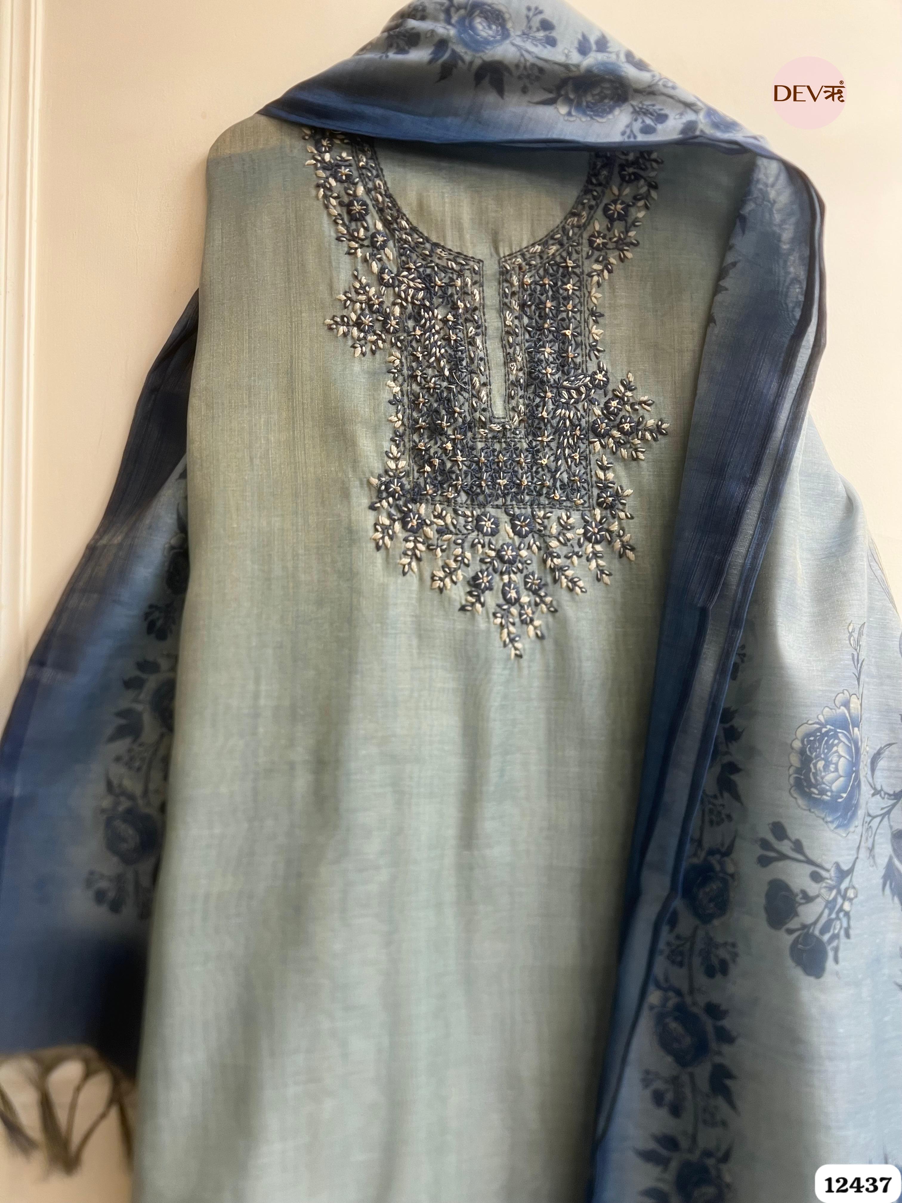 Powder Blue Pure Linen Tissue Embroidered Unstitched 3-Piece Suit (Devri – D.No . 12437)