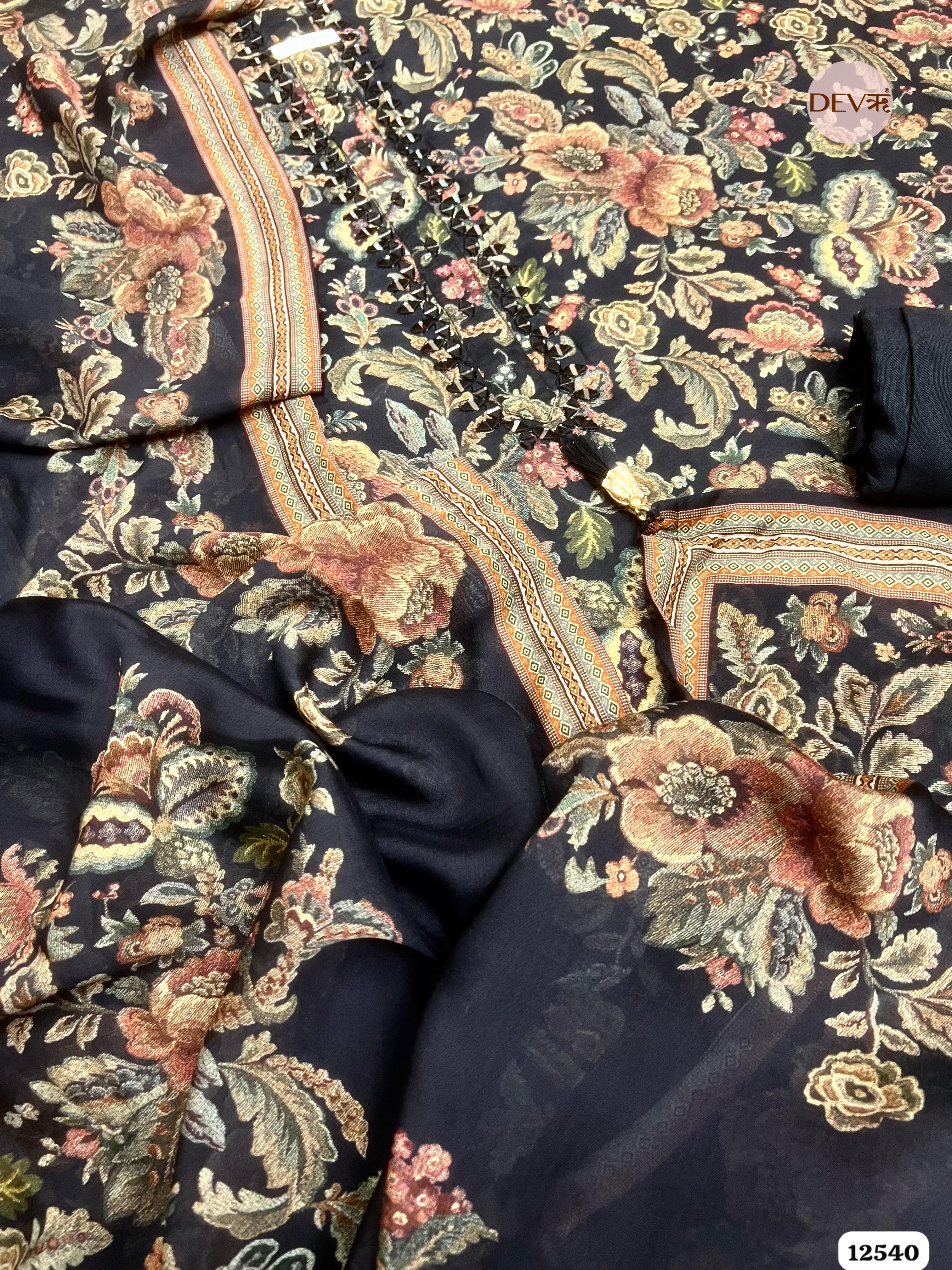 Black Muslin Printed Unstitched 3-Piece Suit (Devri – D.No. 12540)